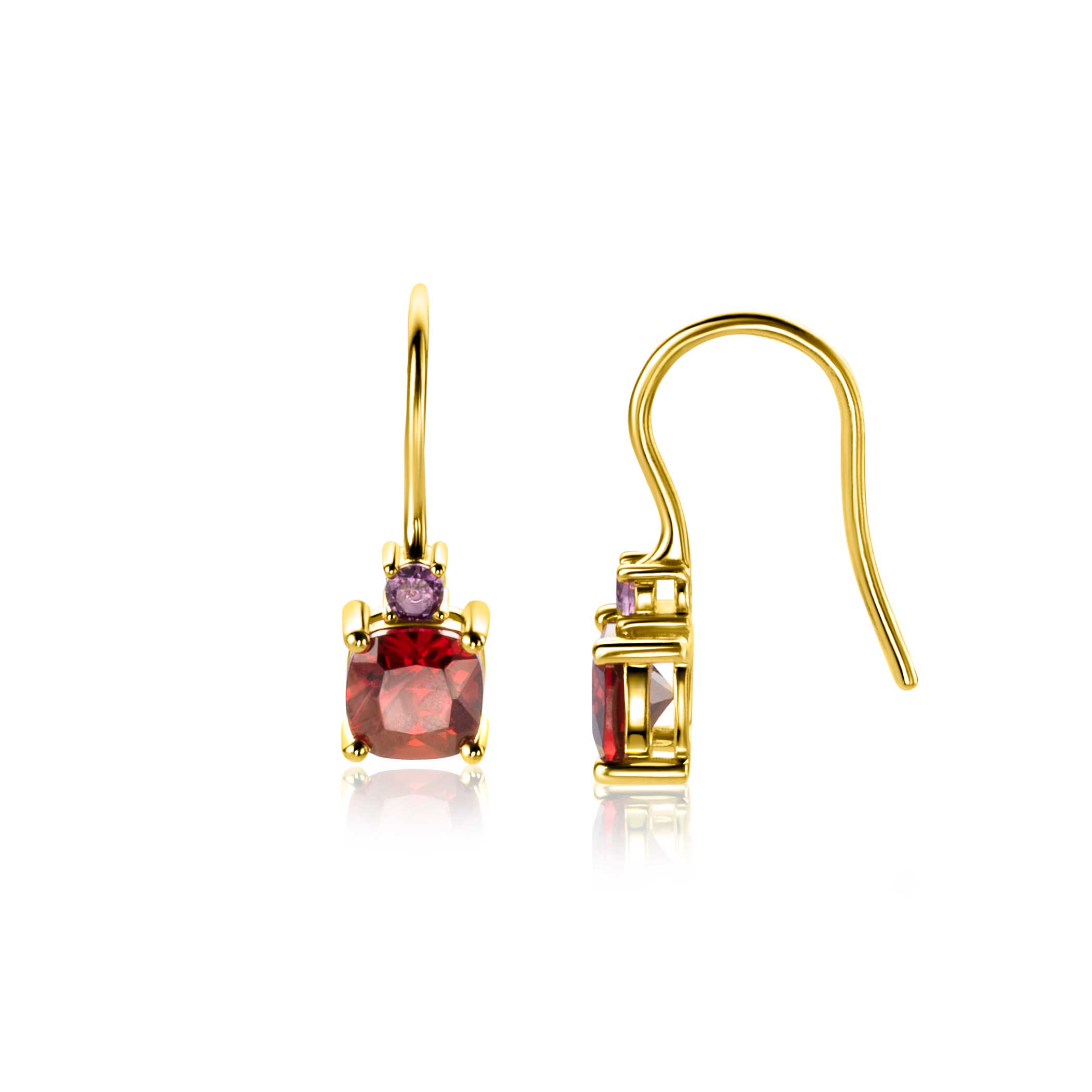 19mm ZINZI Gold Plated Sterling Silver Drop Earrings Prong Settings Red Garnet and Purple Color Stones ZIO2563H