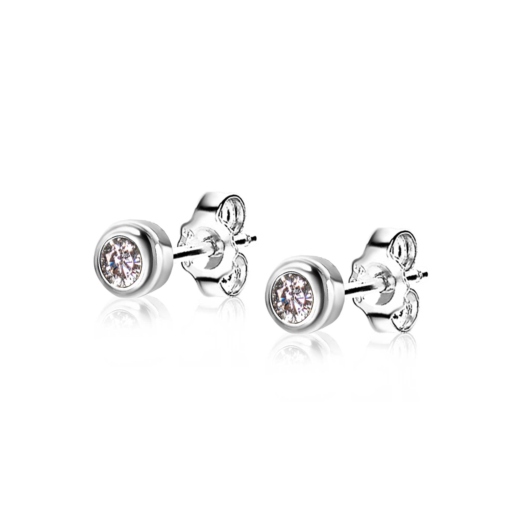 APRIL Stud Earrings 4mm Sterling Silver with Birthstone Diamond White Zirconia