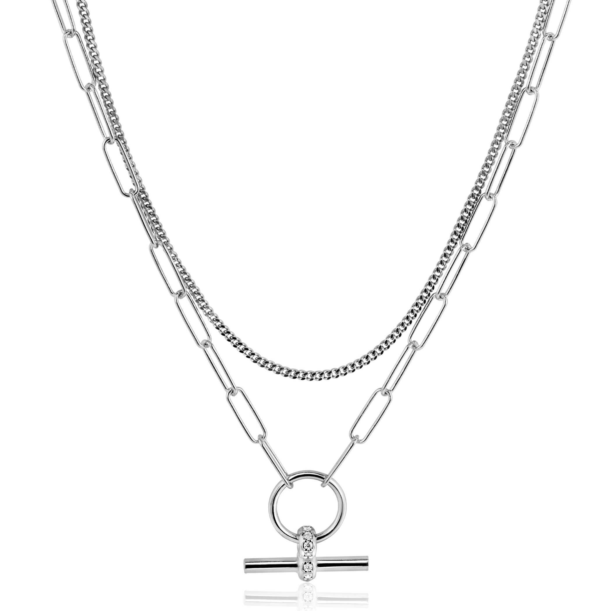 ZINZI Sterling Silver Multi-look Necklace 50cm: Combination of Curb and Paperclip Chains with Trendy T-Bar Set with White Zirconias ZIC2462
