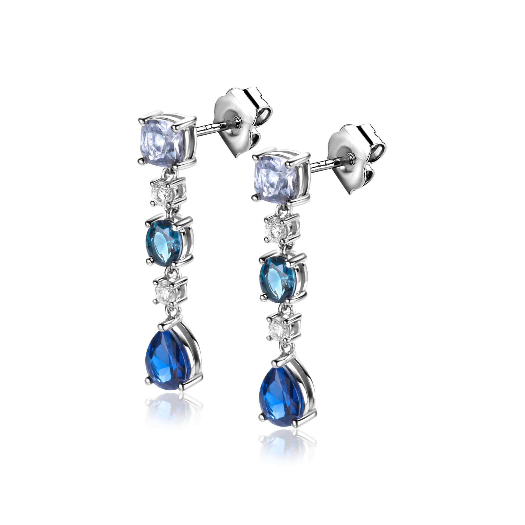 29mm ZINZI Sterling Silver Long Earrings Square, Oval and Drop Blue Color Stones with Small White Zirconias ZIO2397