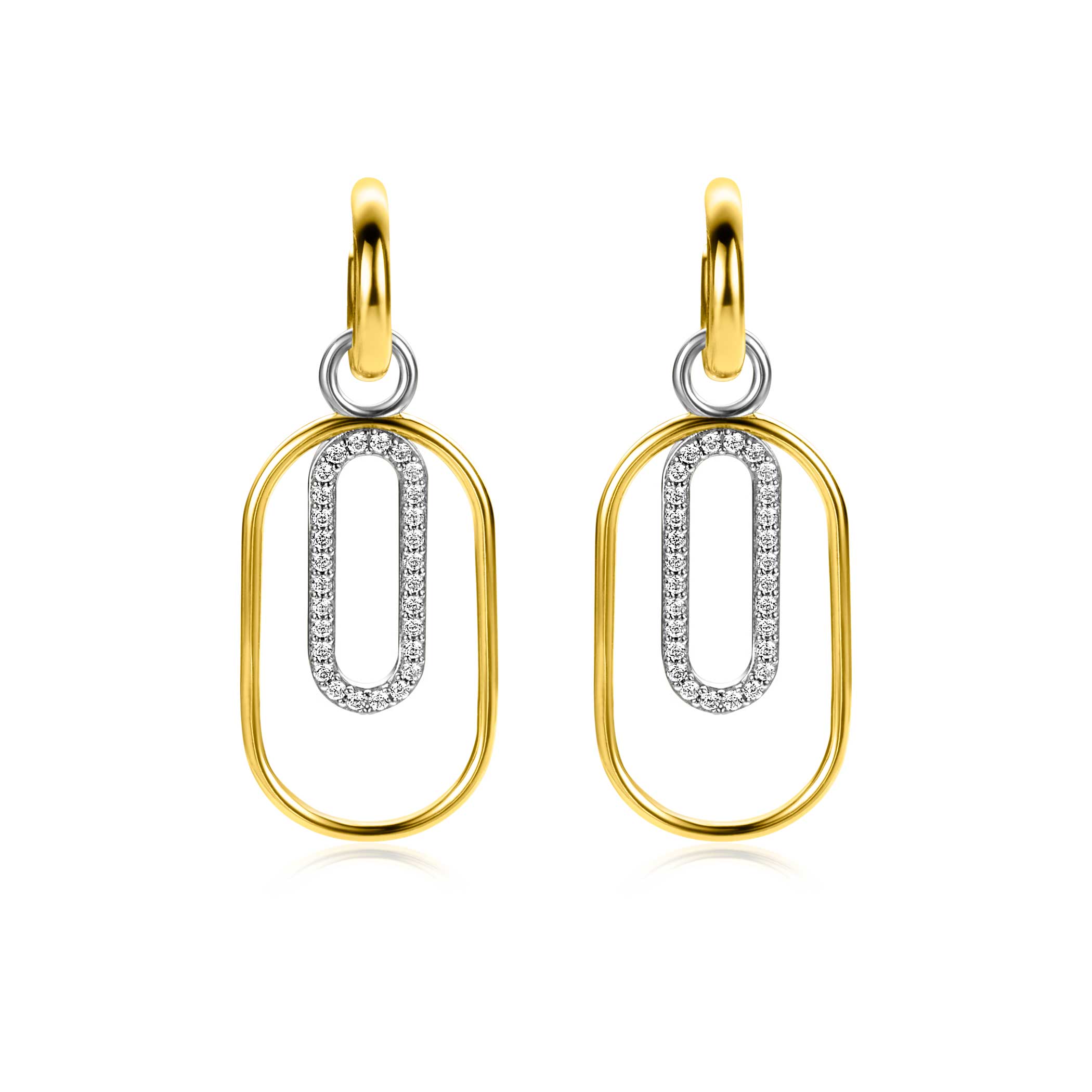 32mm ZINZI Gold Plated Sterling Silver Oval Earrings Pendants Set with White Zirconias ZICH2329 (excl. hoop earrings)