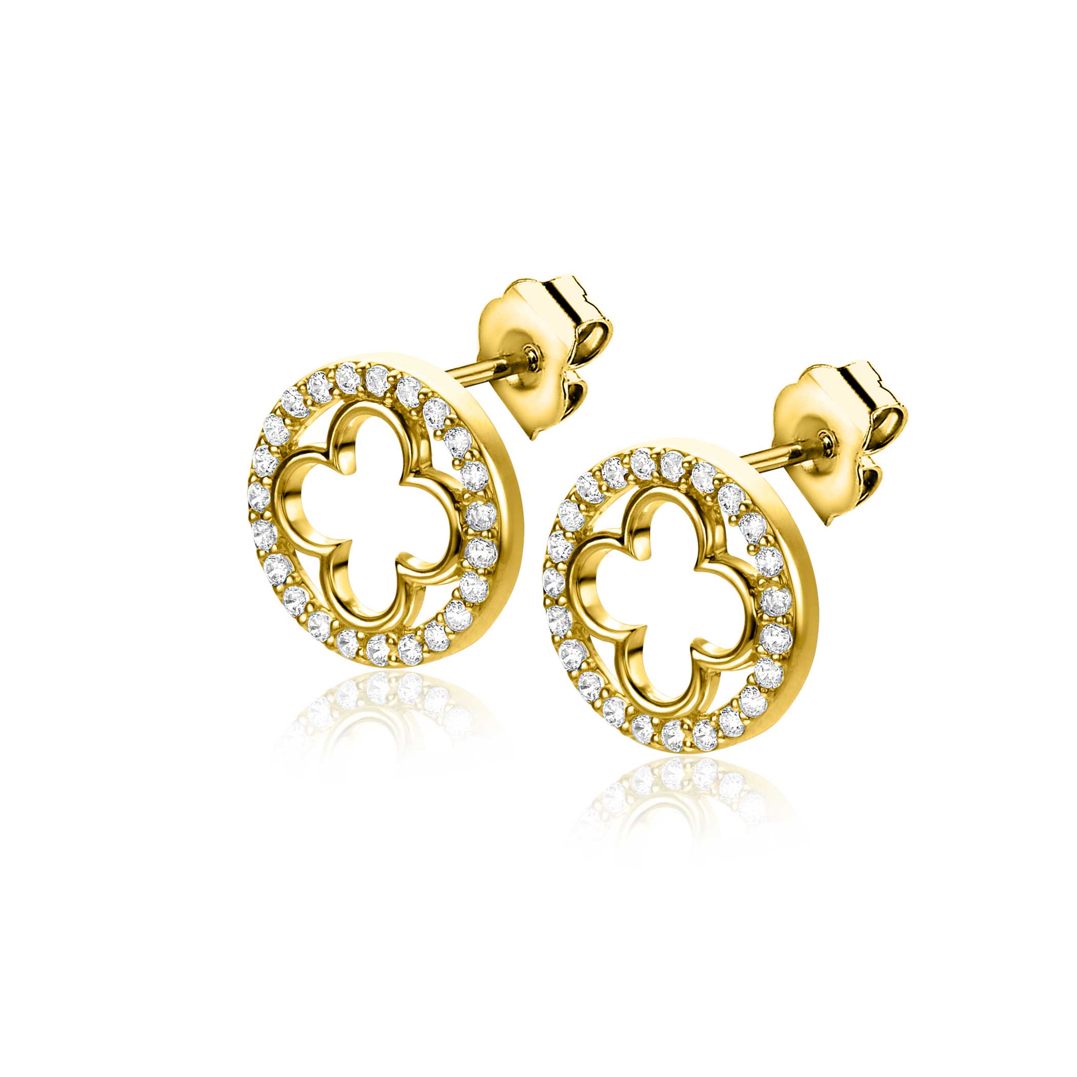 11mm ZINZI gold-plated silver stud earrings with a clover and rounded edge, adorned with white zirconia, ZIO-BF116Y