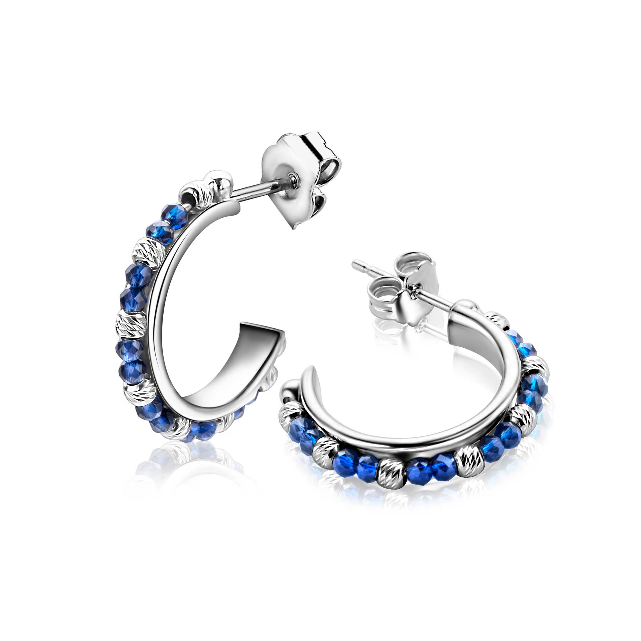 20mm ZINZI silver stud earrings with round blue beads and detailed spheres, ZIO-BF130