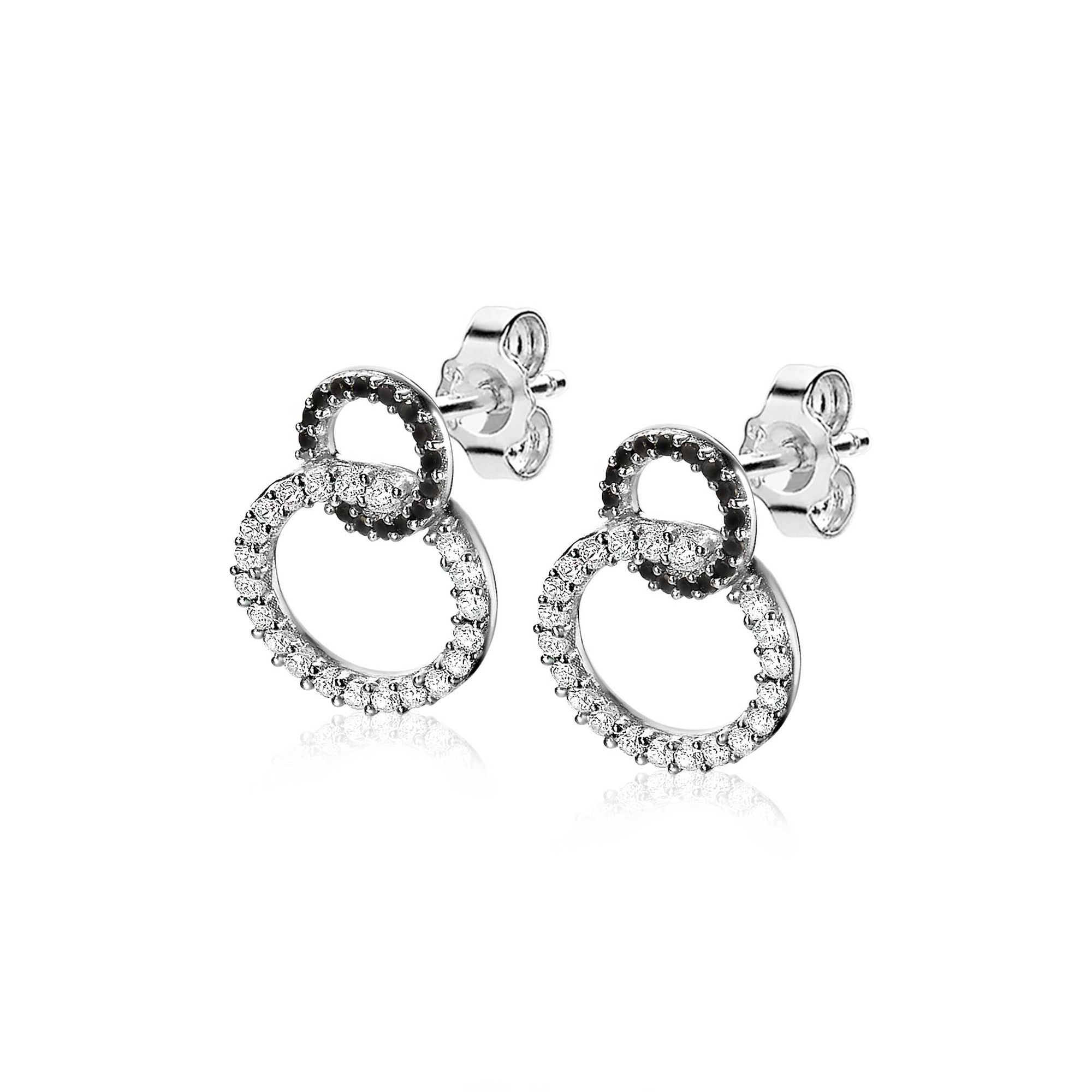 ZINZI Sterling Silver Stud Earrings 2 Connected Open Circles Black and White Zirconias ZIO1987