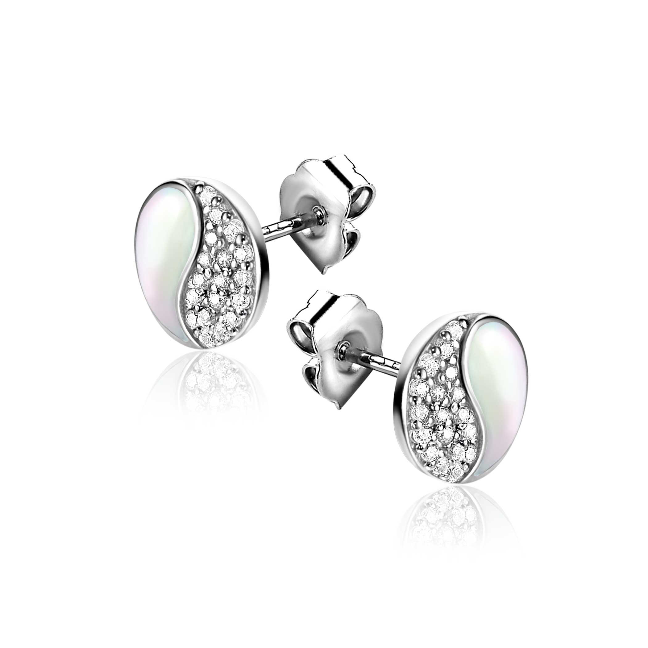 9mm ZINZI Sterling Silver Yin Yang Stud Earrings Mother-of-Pearl and White Zirconias ZIO2423