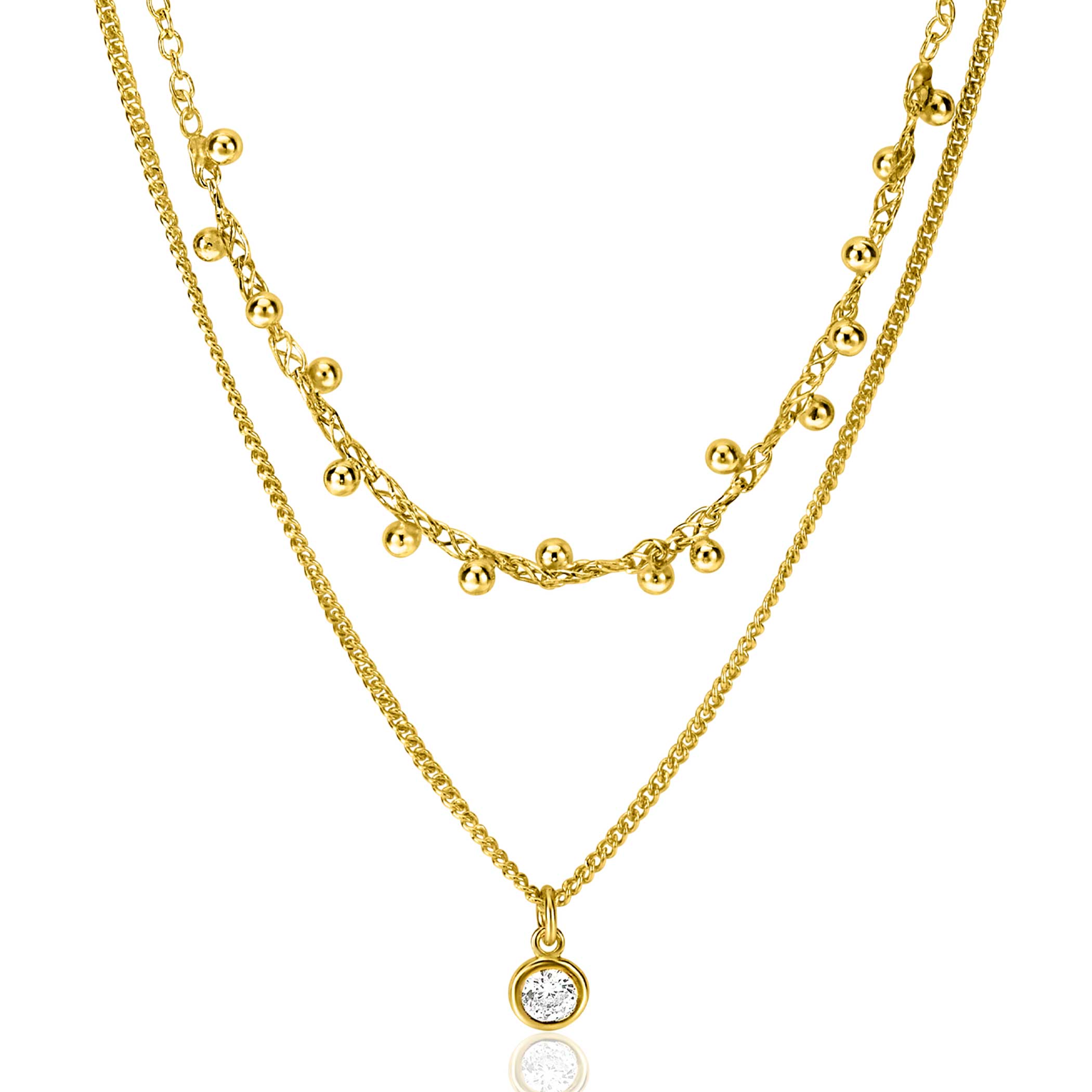 ZINZI Gold Plated Sterling Silver Multi-look Necklace with Round Setting with White Zirconia and Beads 39-42cm ZIC2520Y