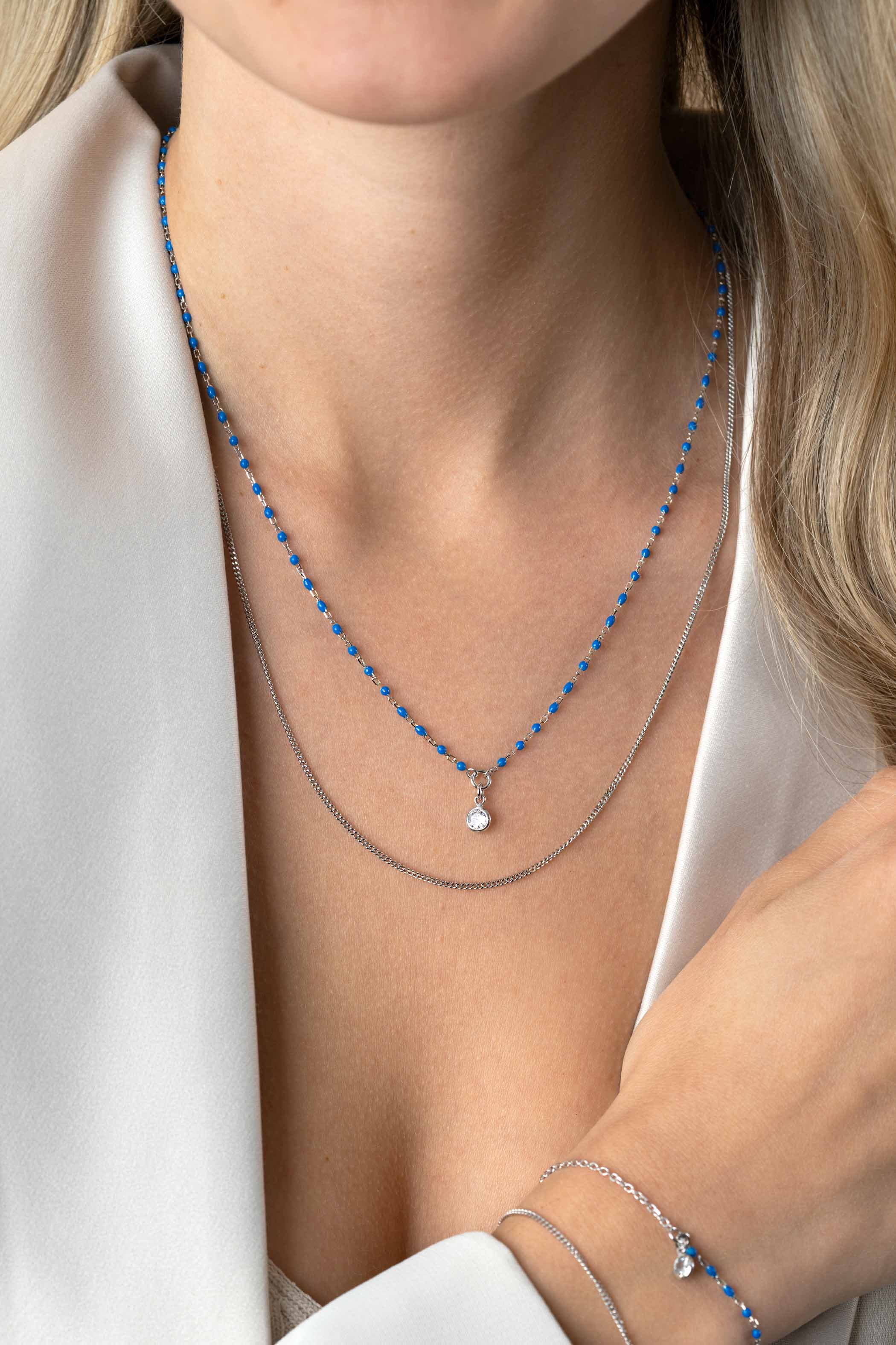 ZINZI Sterling Silver Multi-look Necklace Curb and Blue Bead Chain with Round Setting with White Zirconia 42-45cm ZIC2529