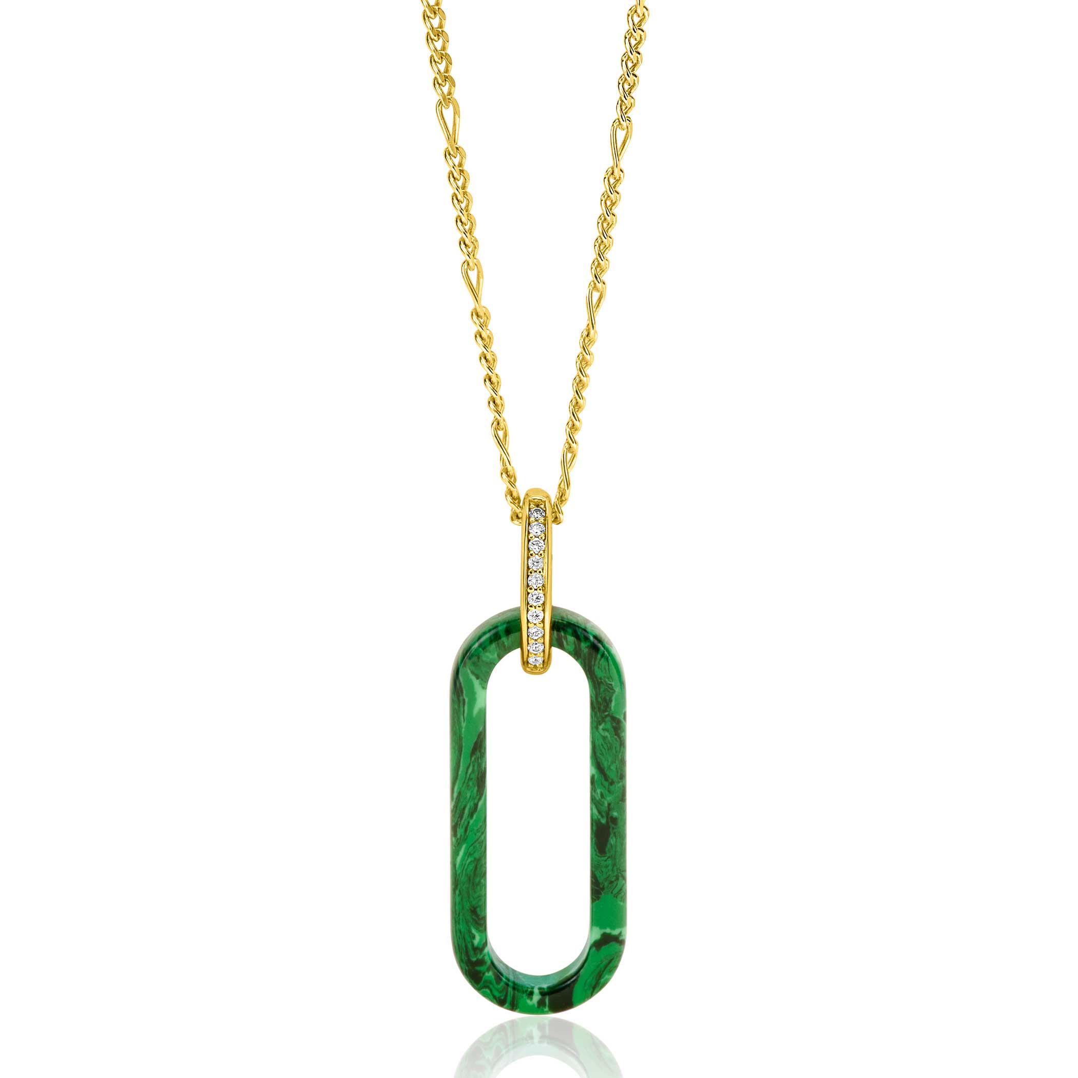38mm ZINZI Oval Pendant Green Malachite and Luxurious Gold Plated Bail White Zirconias ZIH2456G (excl. necklace)