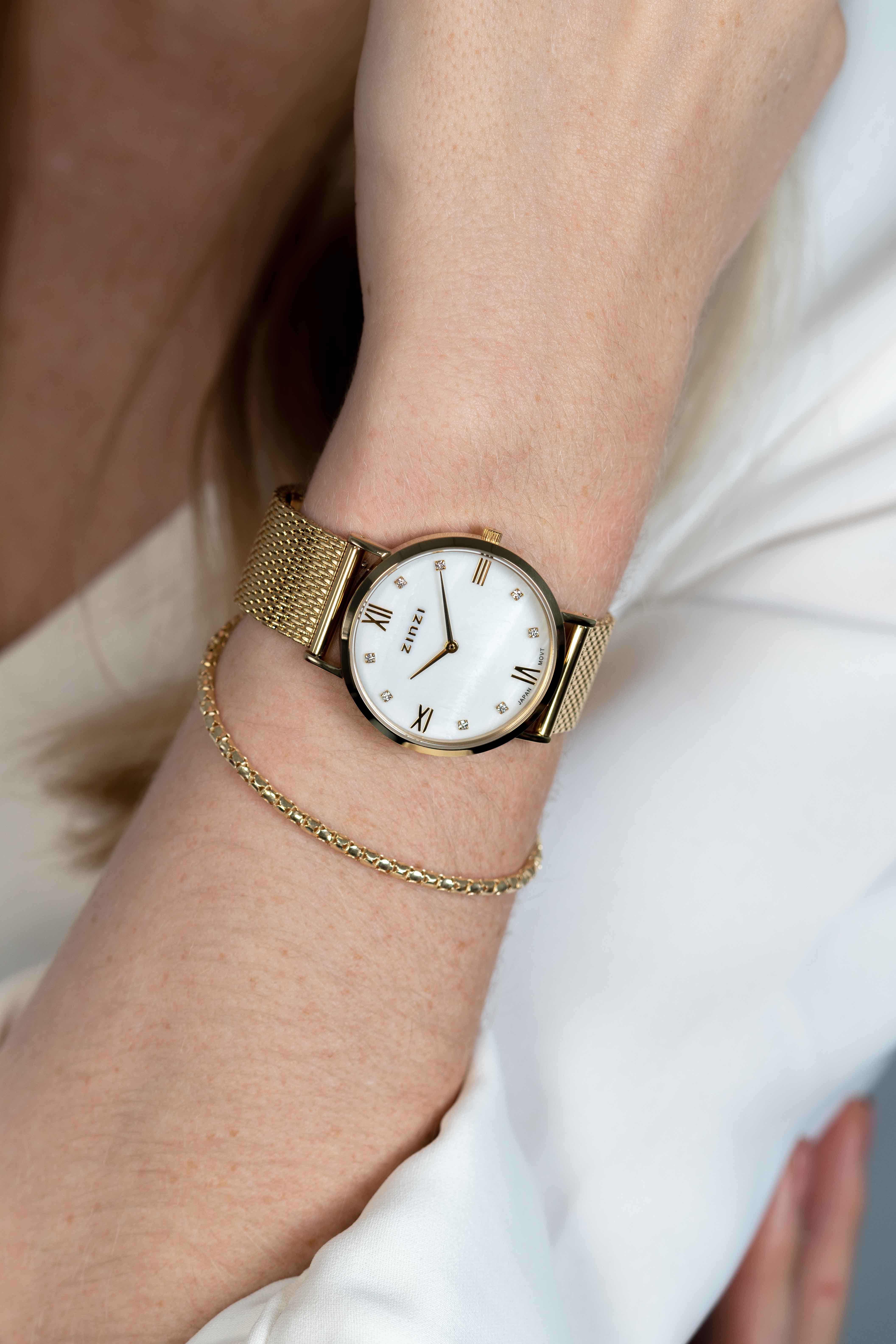 ZINZI Roman Watch White Mother-of-Pearl Dial Gold Colored Stainless Steel Case and Mesh Strap 34mm ZIW548M