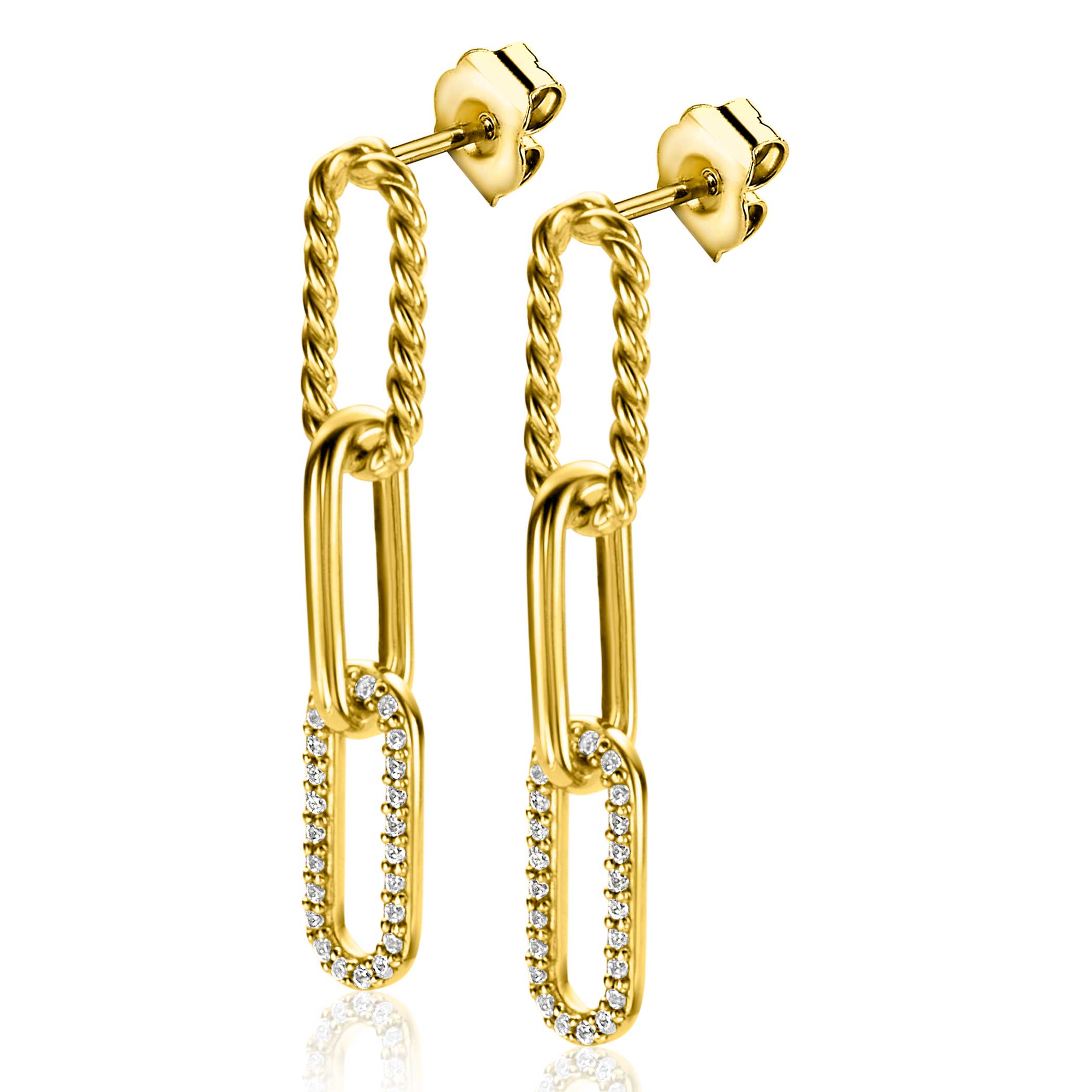 30mm ZINZI Gold Plated Sterling Silver Long Earrings with 3 Paperclip Chains: Smooth, Twist Design and White Zirconias ZIO2330Y