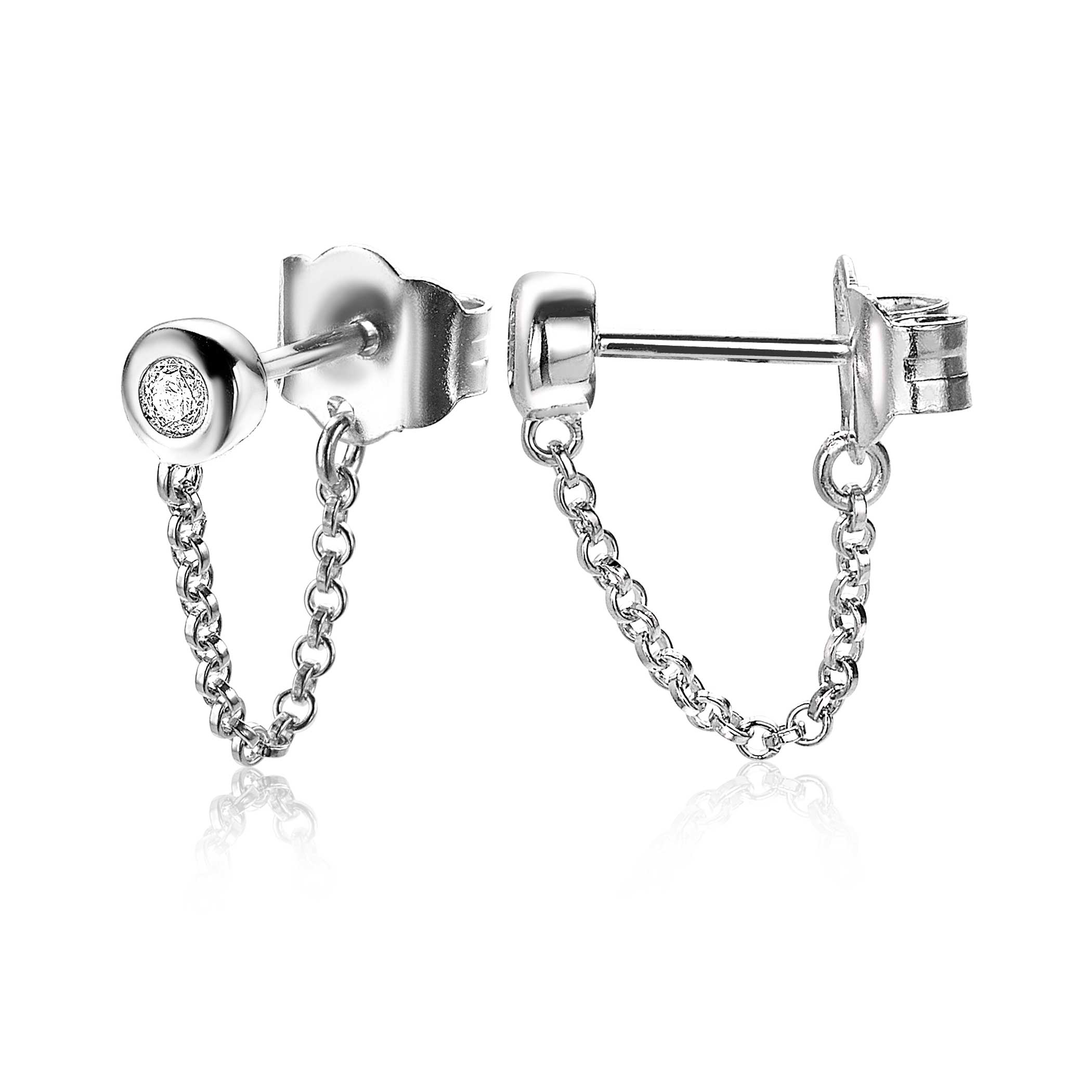 ZINZI Sterling Silver Stud Earrings Round White Zirconia with Chain ZIO1773