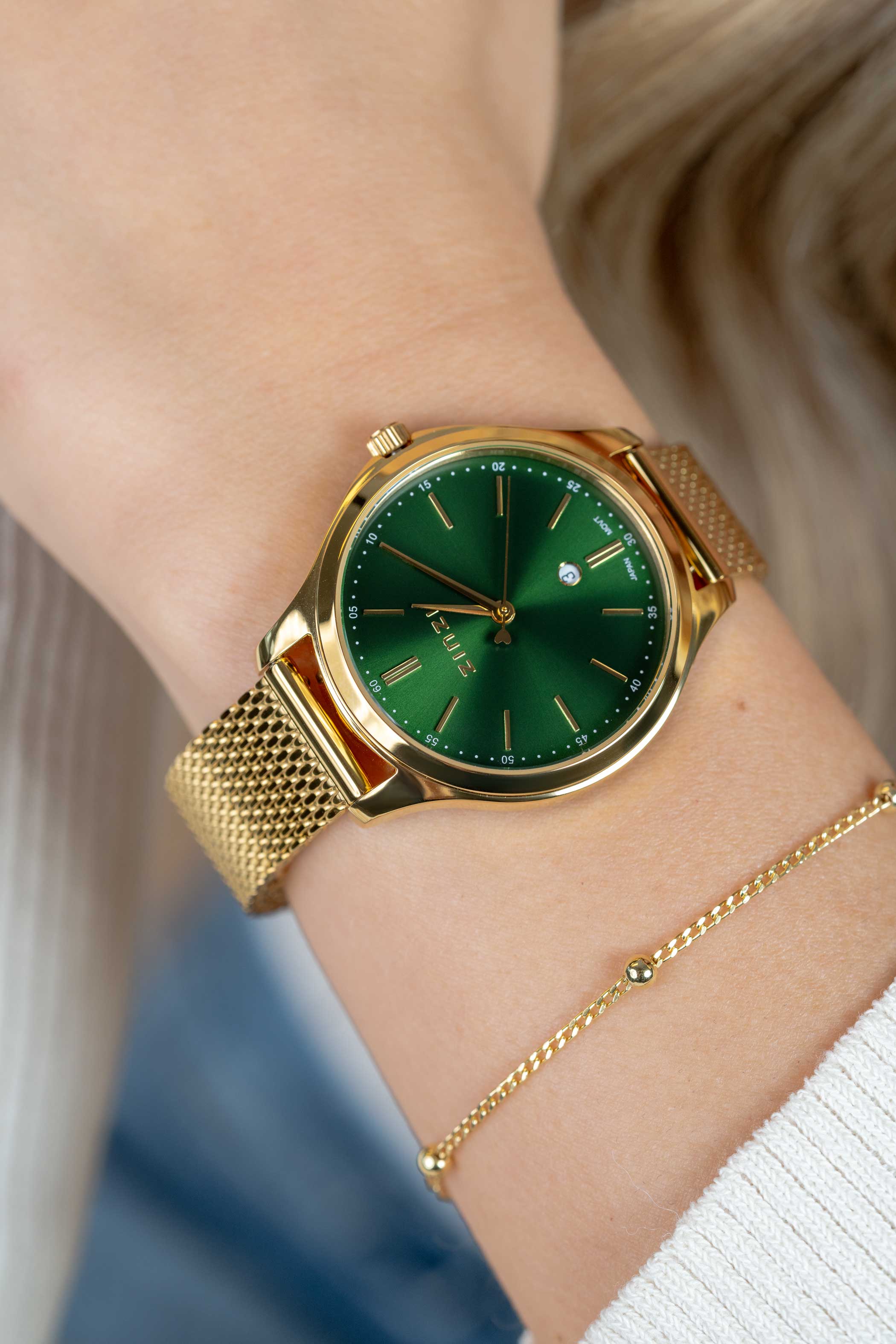 ZINZI Classy Watch 34mm Green Dial Gold Colored Stainless Steel Case and Mesh Strap with Date ZIW1035M