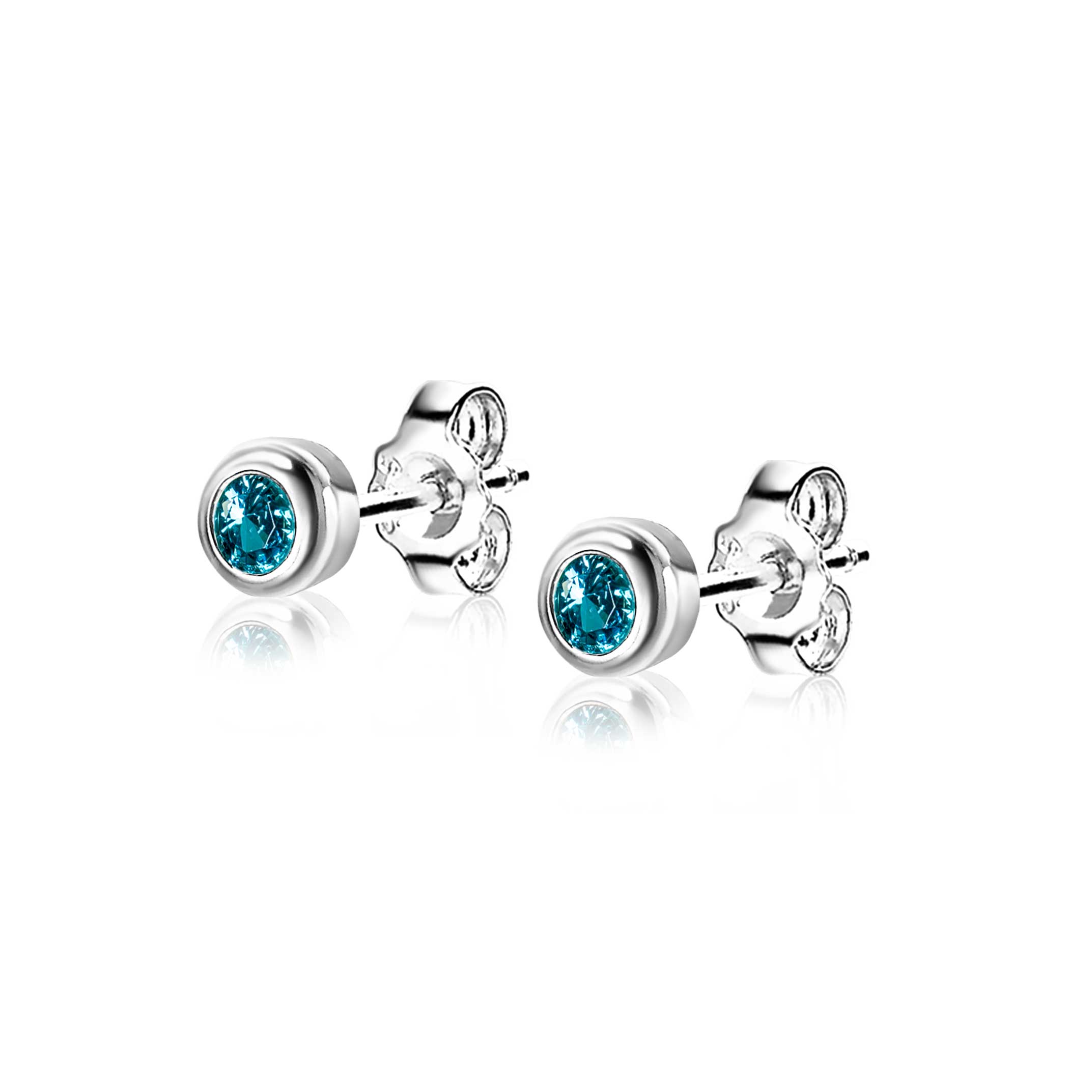 MARCH Stud Earrings 4mm Sterling Silver with Birthstone Blue Aquamarine Zirconia