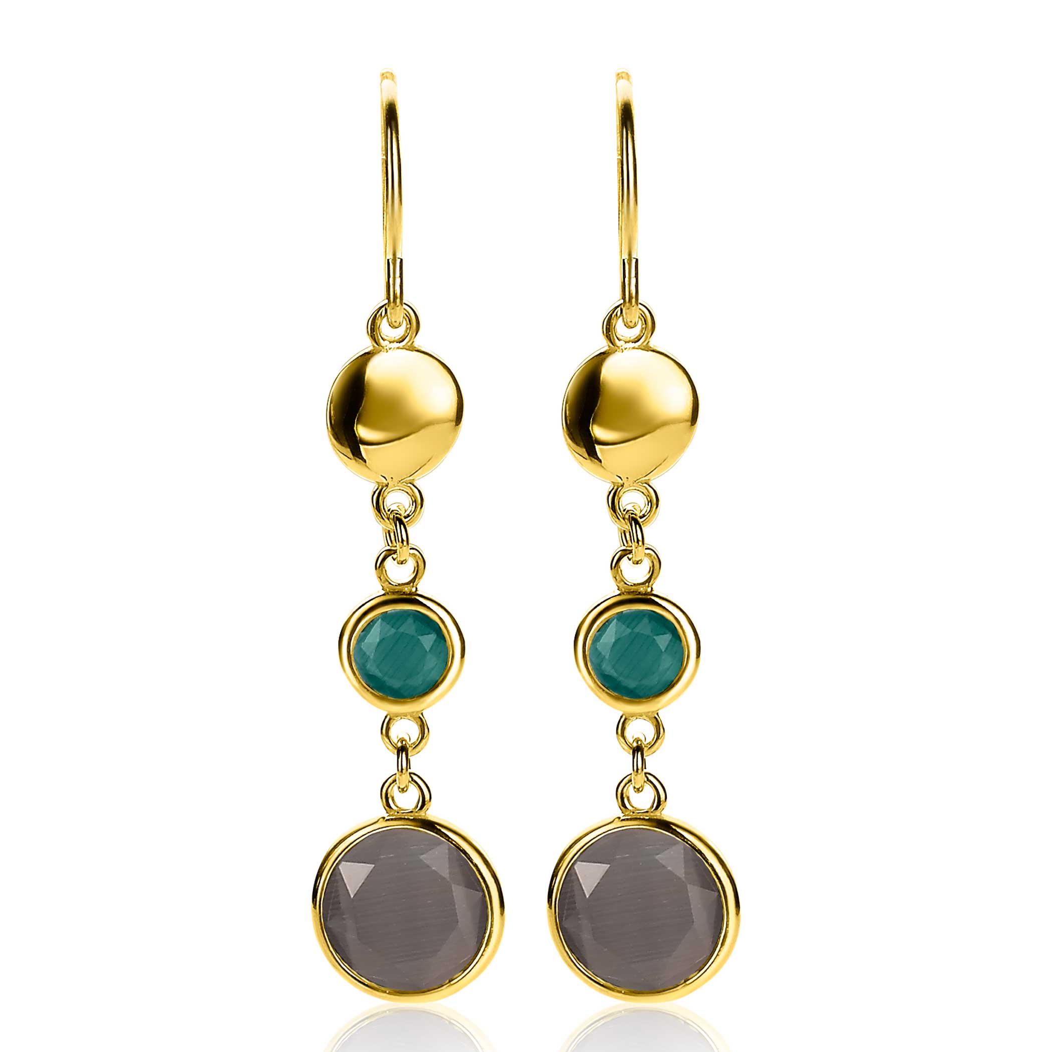 50mm ZINZI Gold Plated Sterling Silver Drop Earrings Coin Round Green Grey Stones ZIO2108