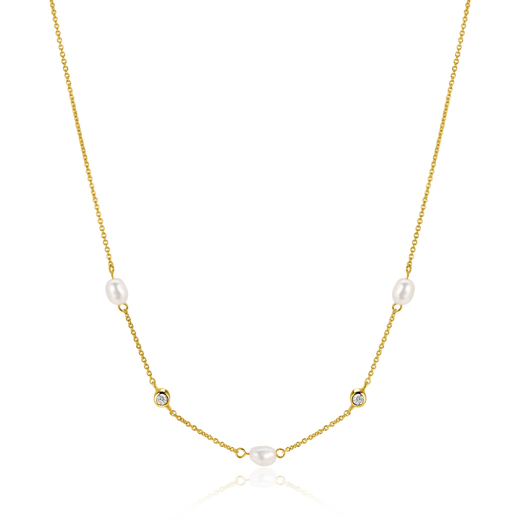 ZINZI gold plated silver rolo necklace with oval white freshwater pearls and white cubic zirconias 42-45 cm ZIC2657