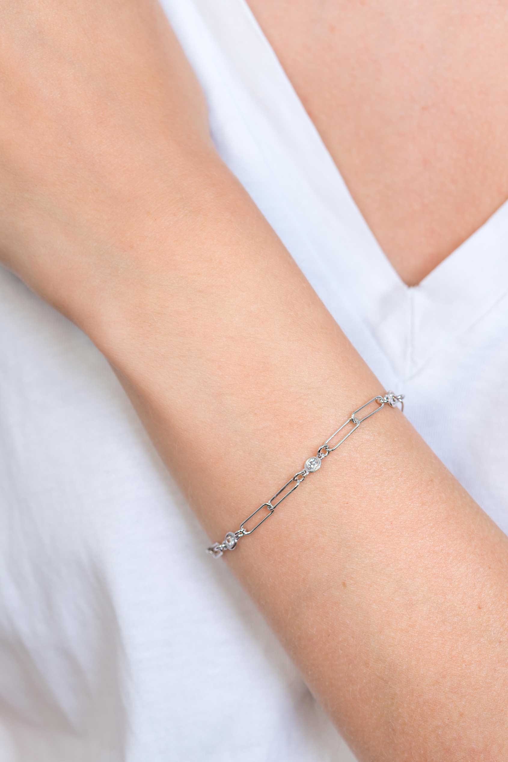 ZINZI Sterling Silver Bracelet Paperclip Chain and Round Zirconias 17-20cm  ZIA2079