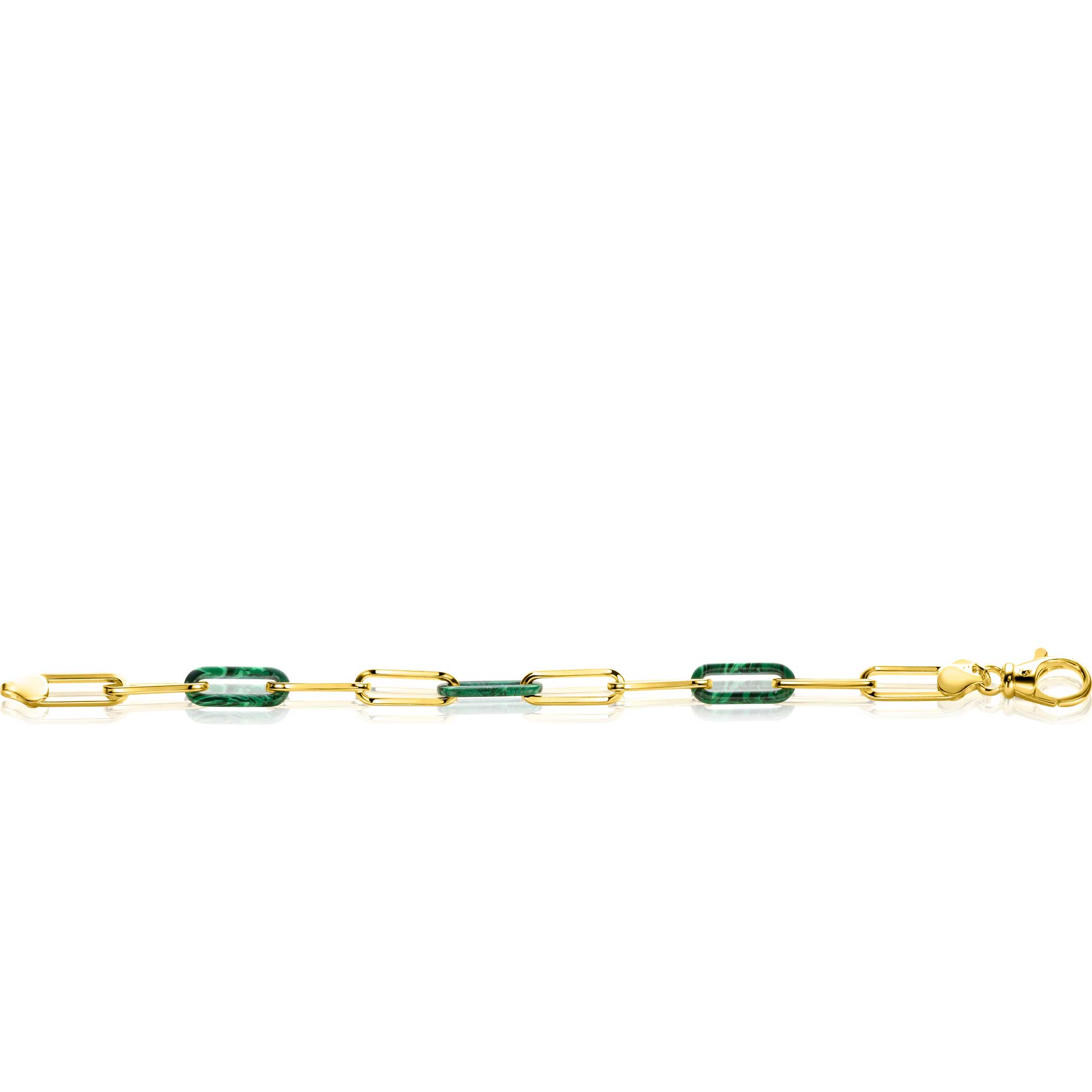 ZINZI Gold Plated Sterling Silver Bracelet Paperclip Chain with 3 Trendy Chains in Malachite Green 19cm ZIA2548