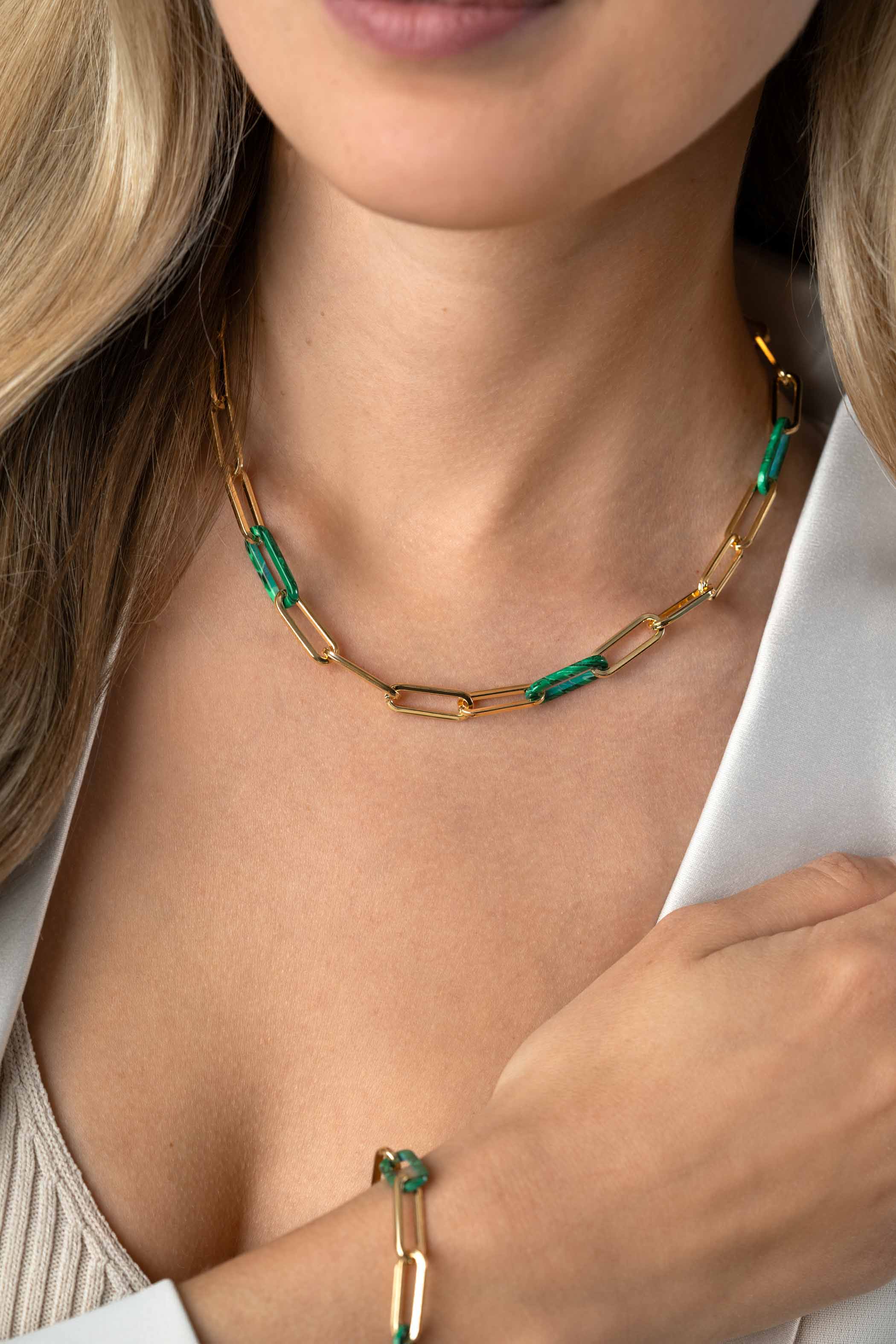 ZINZI Gold Plated Sterling Silver Necklace Paperclip Chain with Trendy Chains in Malachite Green 43cm ZIC2548