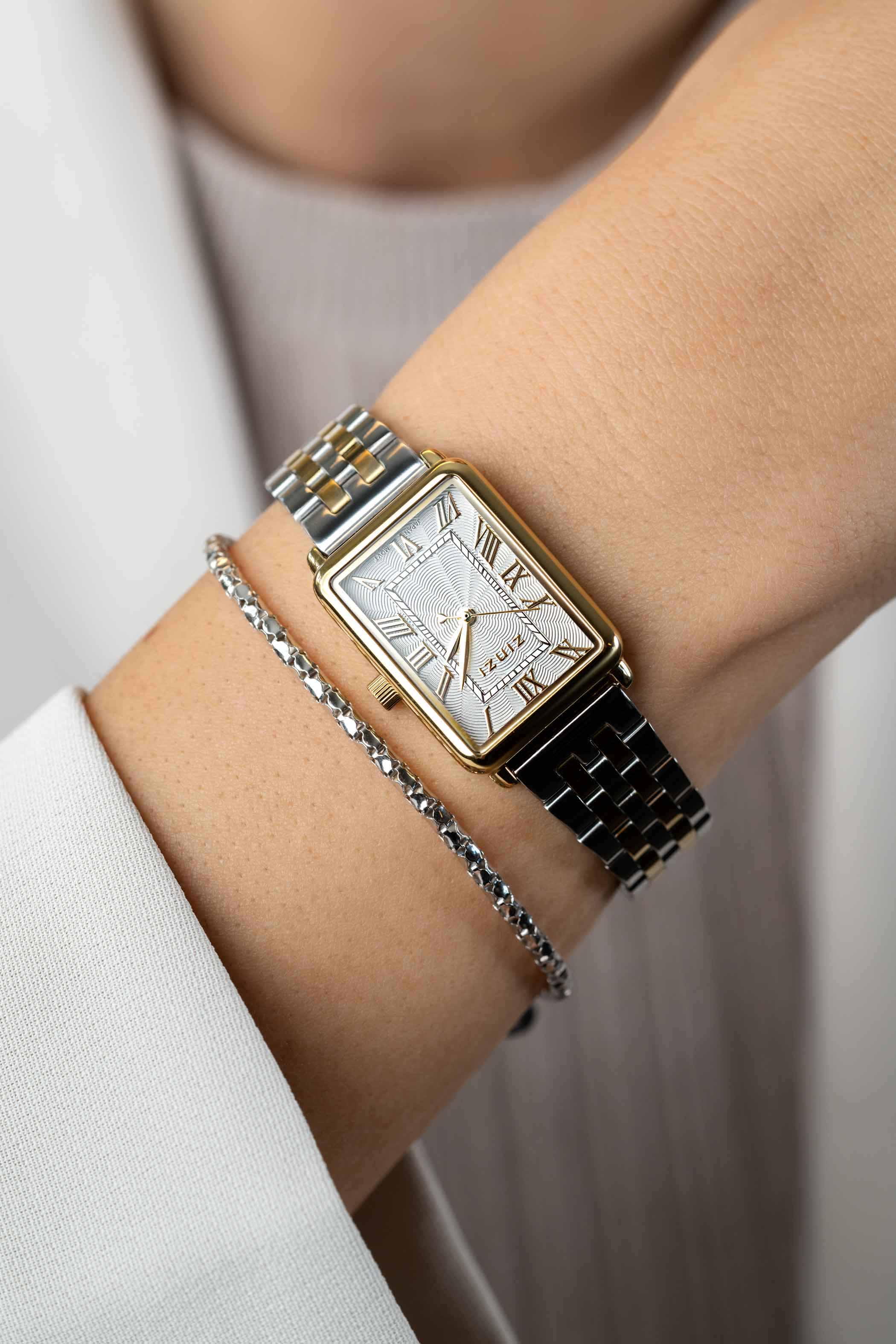ZINZI Elegance bicolor Watch White Dial and Rectangular Gold Colored  Case and Bicolor Stainless Steel Chain Strap 28mm  ZIW1907