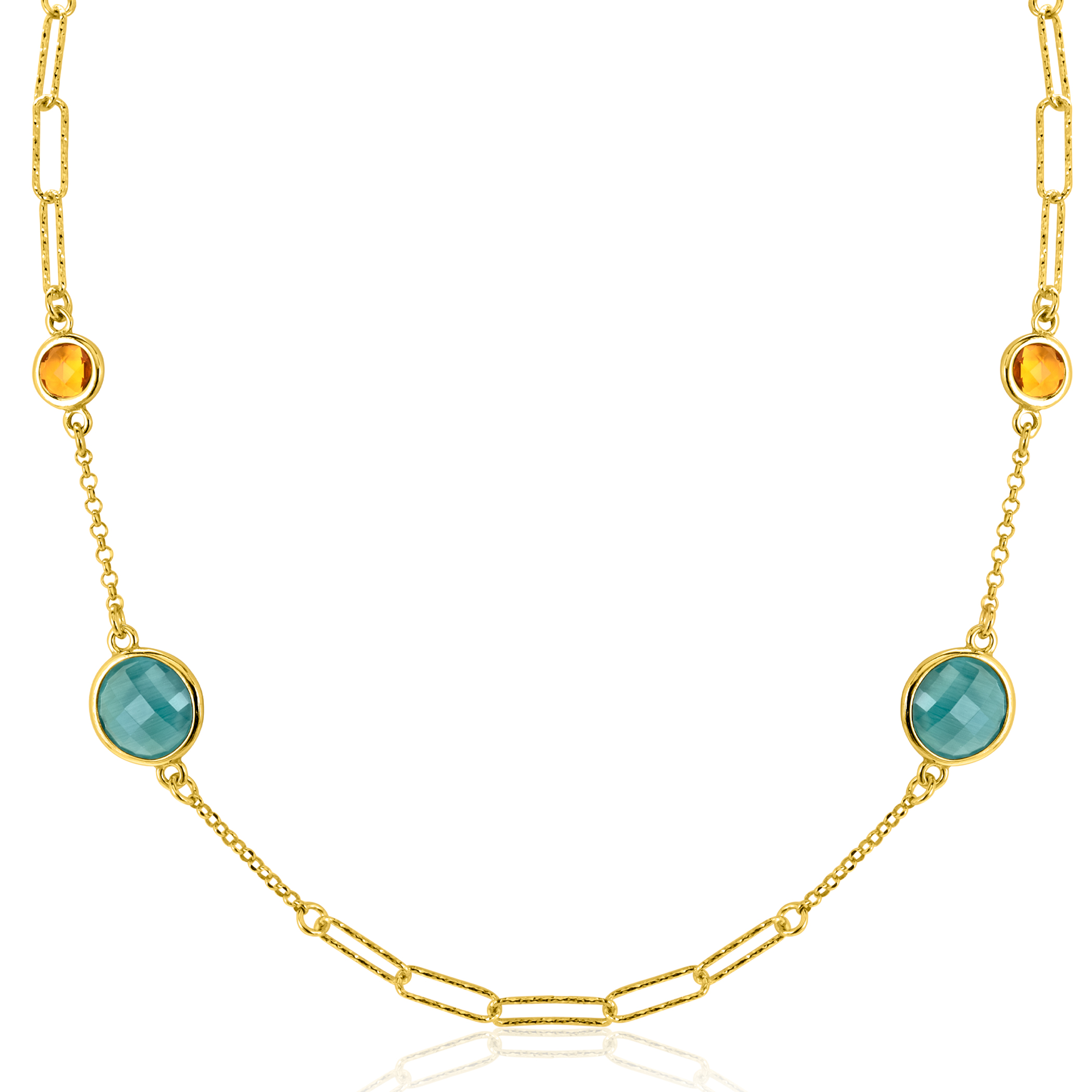 ZINZI Gold Plated Sterling Silver Fantasy Necklace with Paperclip Chains and 4 Round Settings Set with Emerald Green and Citrine Dark Yellow Color Stones 40-45cm ZIC2418G