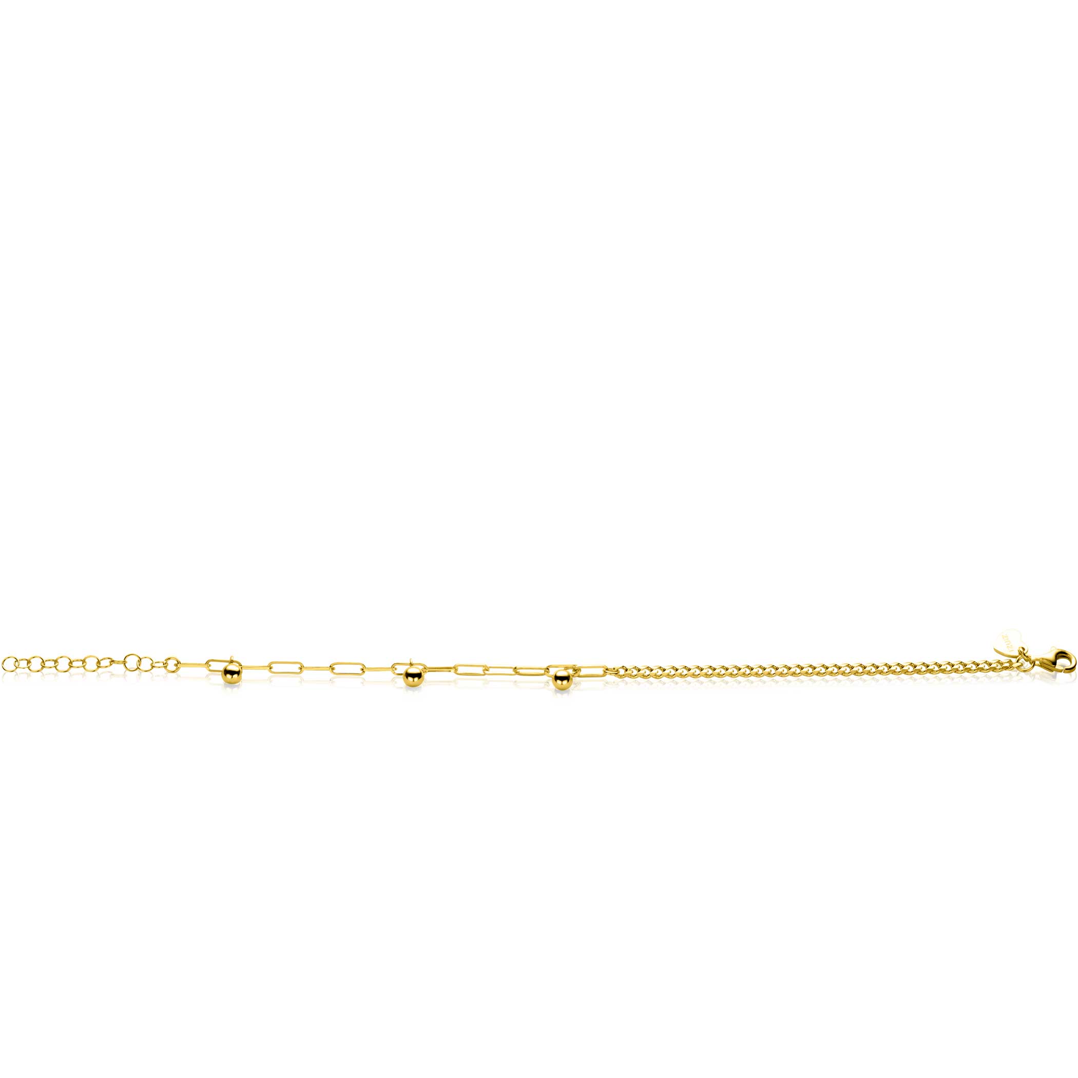 ZINZI Gold Plated Sterling Silver Chain Bracelet Curb and Paperclip Chain with 3 Beads 16,5-19cm ZIA2521G