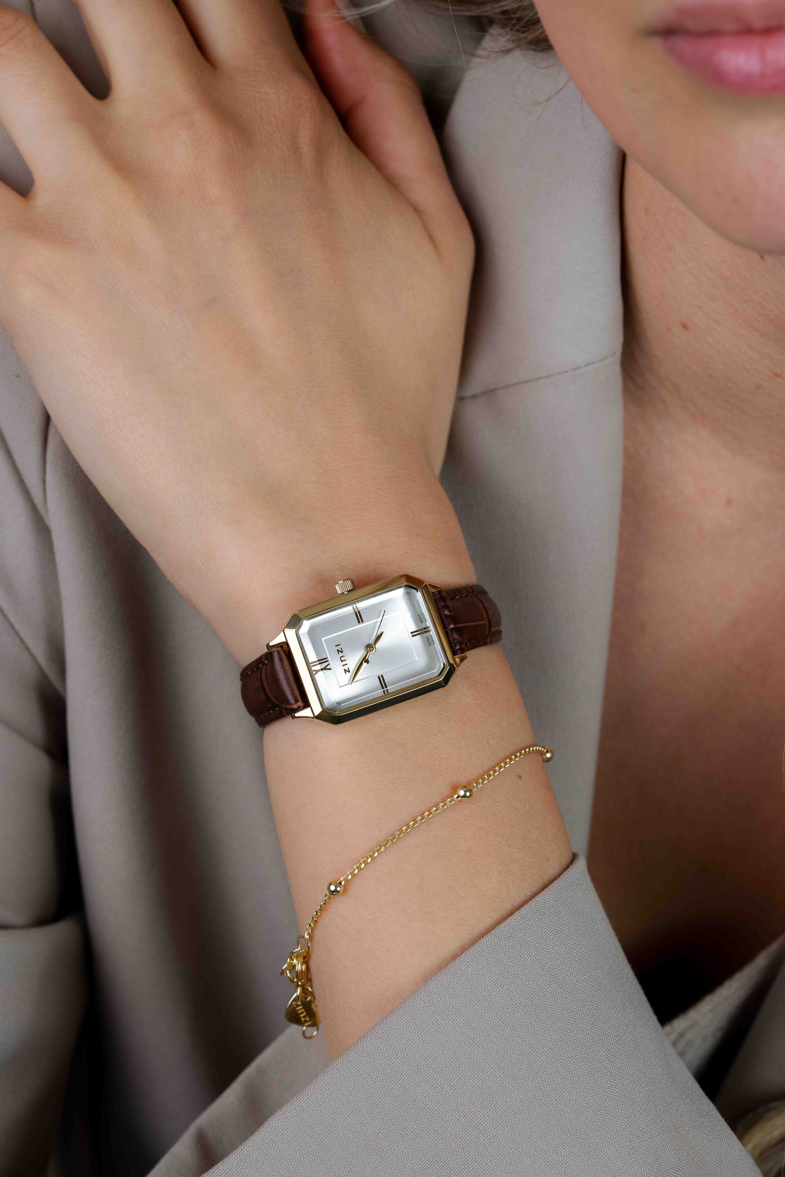 ZINZI Allure Watch 30mm Silver Colored Dial Gold Colored Case and Brown leather strap ZIW2533B