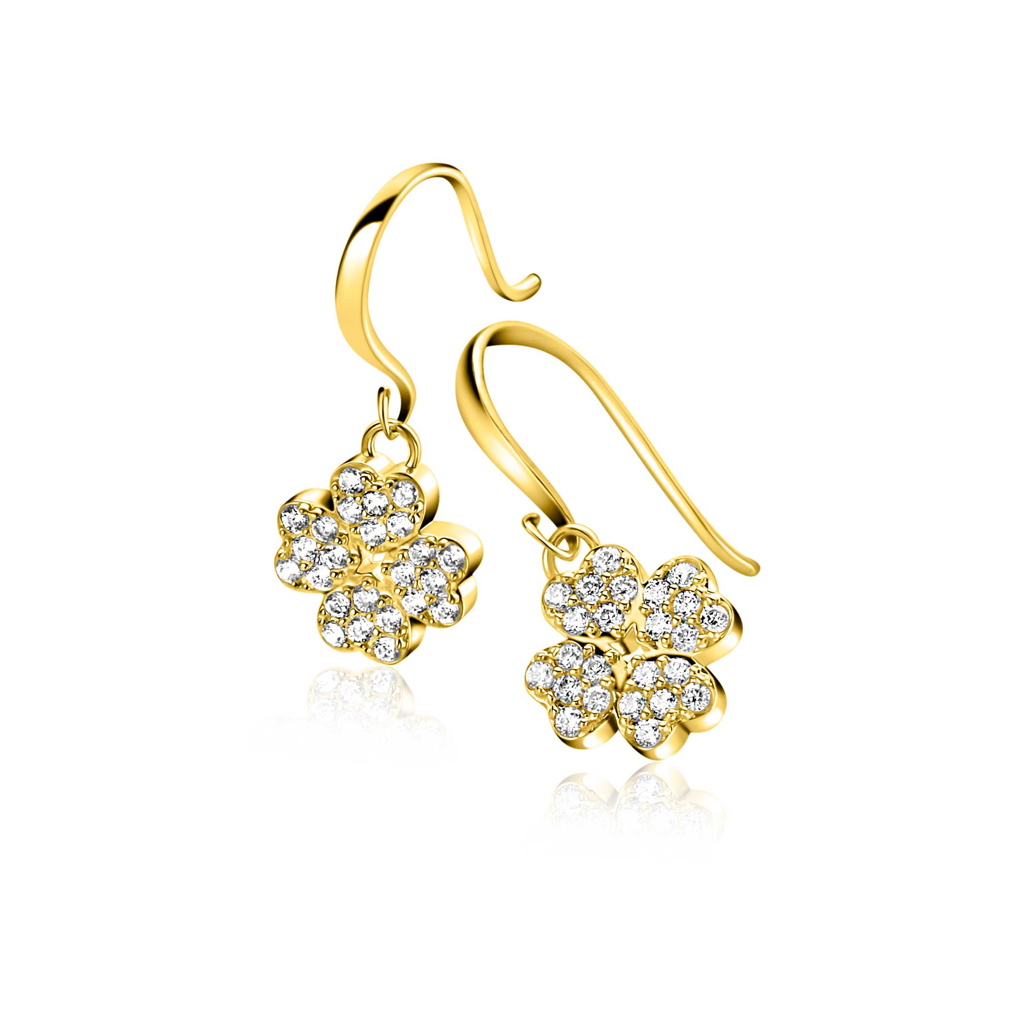 17mm ZINZI gold-plated silver drop earrings with a four-leaf clover adorned with white zirconia, ZIO-BF131