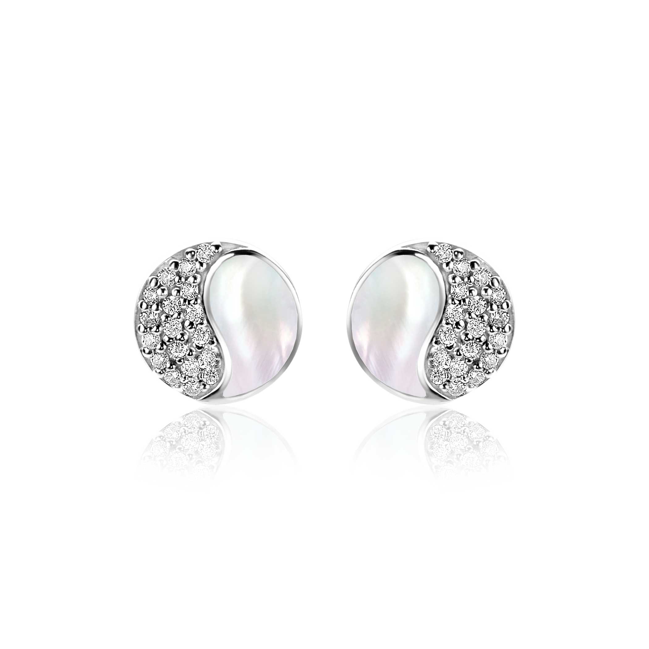 9mm ZINZI Sterling Silver Yin Yang Stud Earrings Mother-of-Pearl and White Zirconias ZIO2423