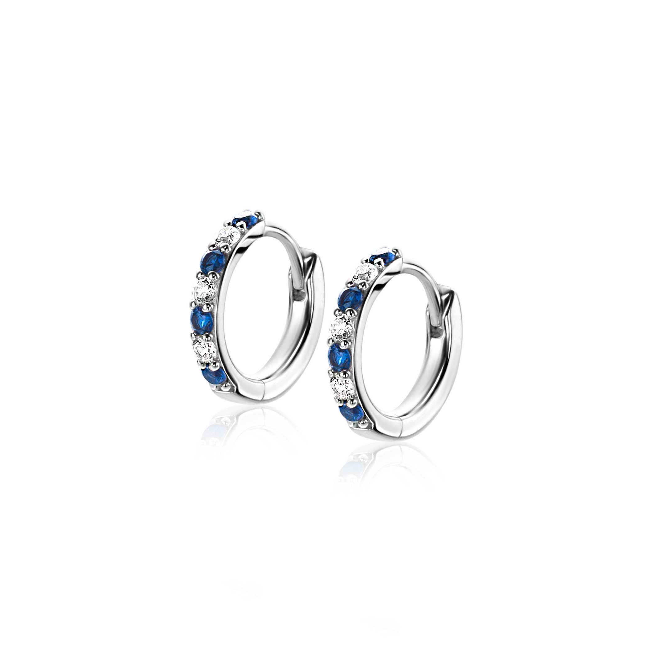 12mm ZINZI Sterling Silver Hoop Earrings Round White Zirconias and Dark Blue Color Stones 2mm width tube ZIO2559