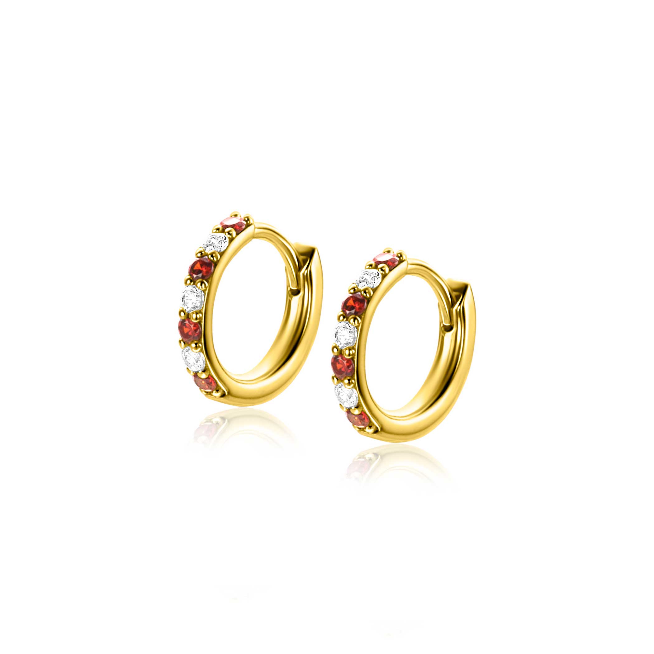 12mm ZINZI Gold Plated Sterling Silver Hoop Earrings Round White Zirconias and Red Garnet Color Stones 2mm width tube ZIO2558