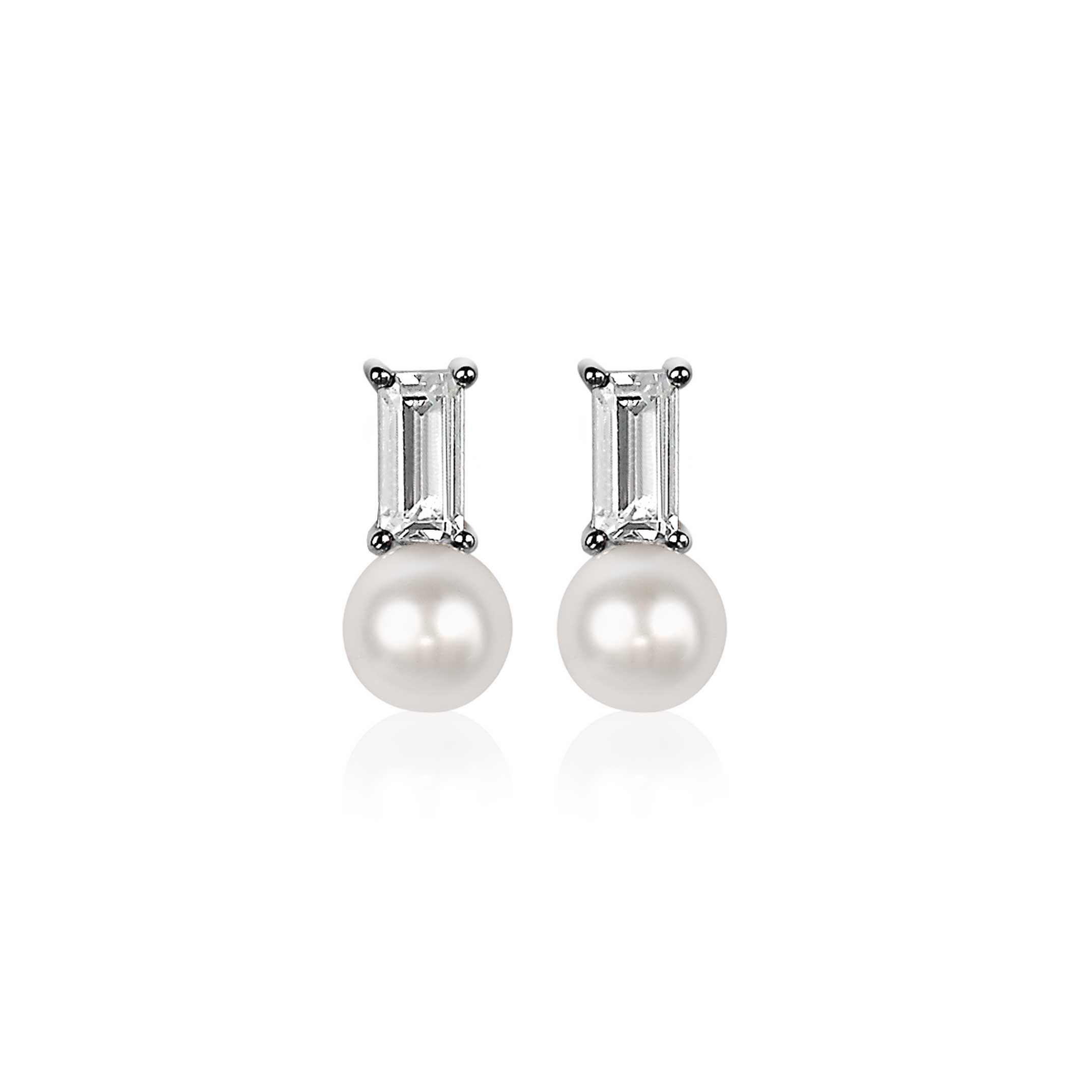 ZINZI Sterling Silver Stud Earrings White Pearl with White Baguette Cut Zirconia ZIO2135