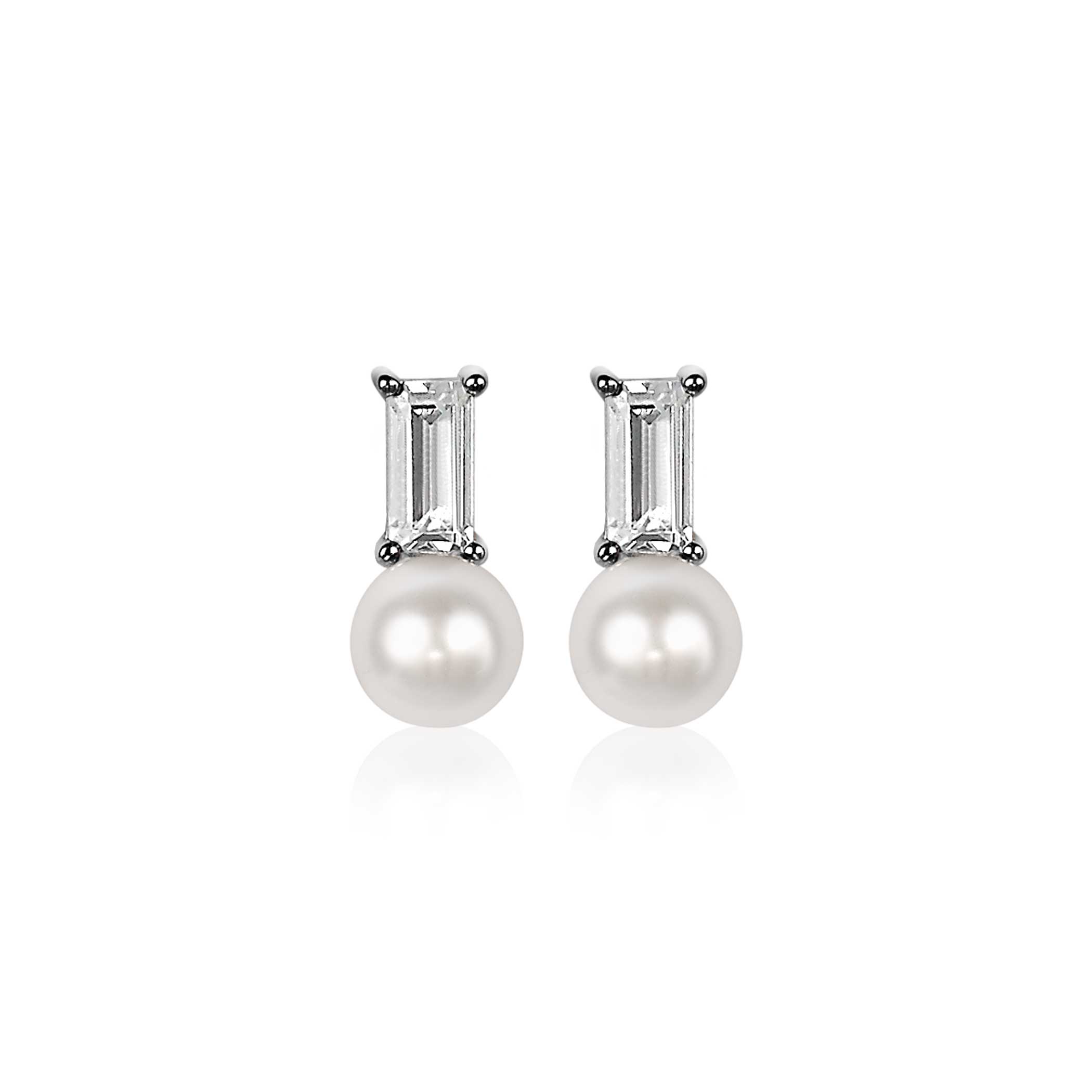 ZINZI Sterling Silver Stud Earrings White Pearl with White Baguette Cut Zirconia ZIO2135