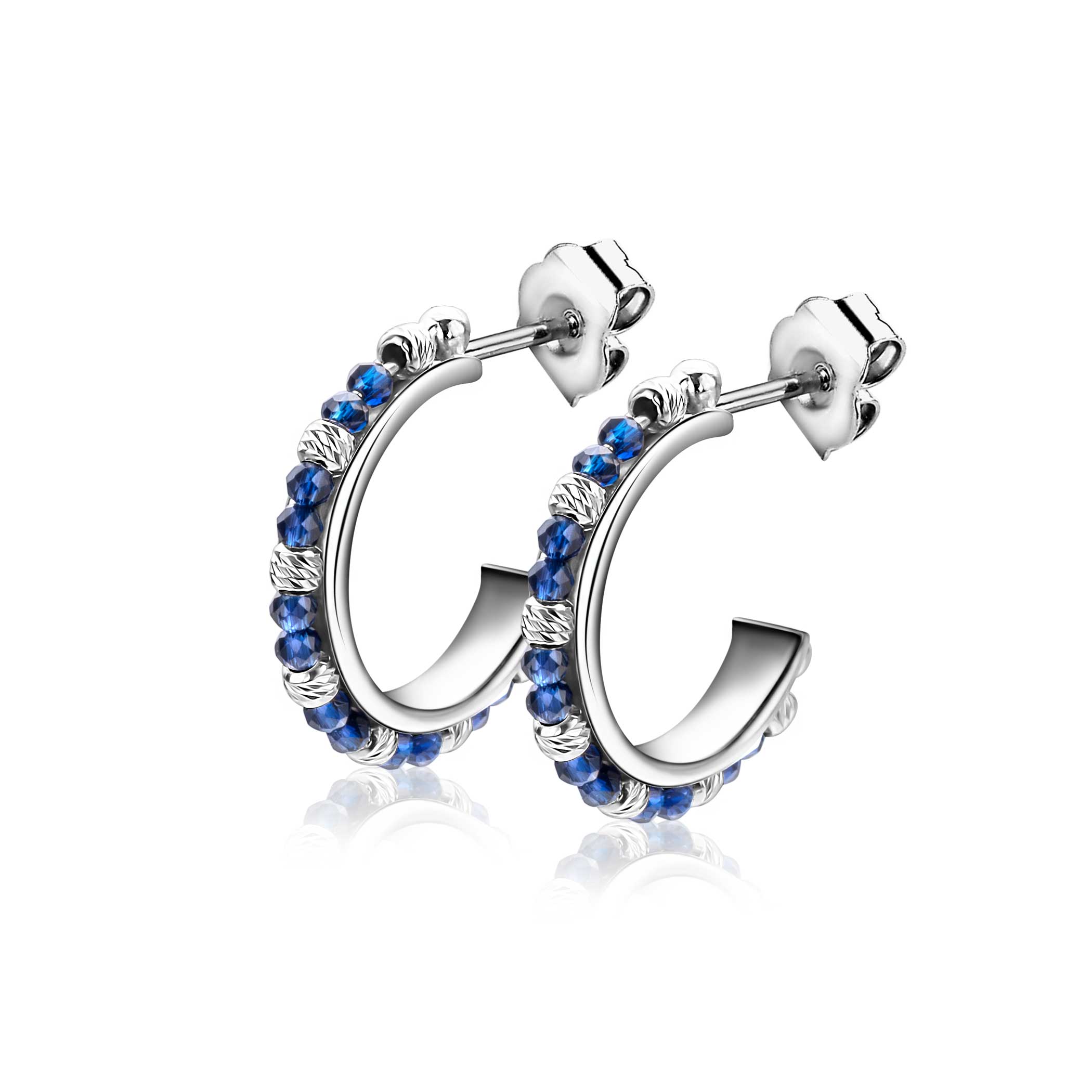 20mm ZINZI silver stud earrings with round blue beads and detailed spheres, ZIO-BF130