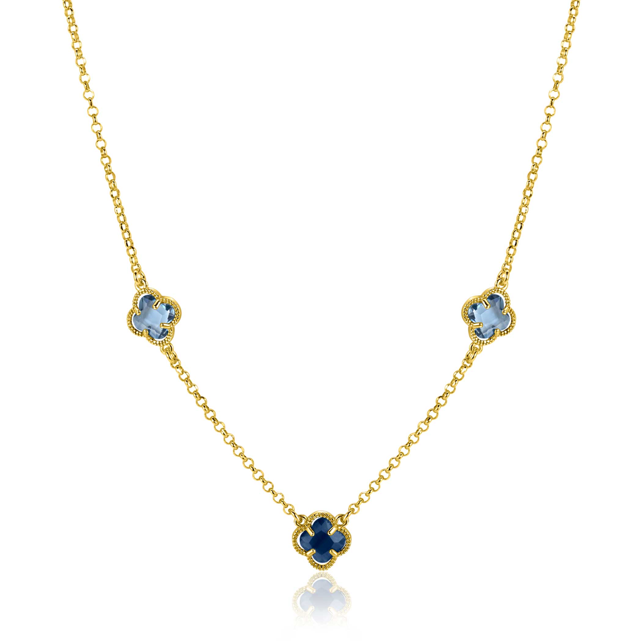 ZINZI gold plated silver link necklace with two light blue clovers and one dark blue clover 42-45cm ZIC2662B