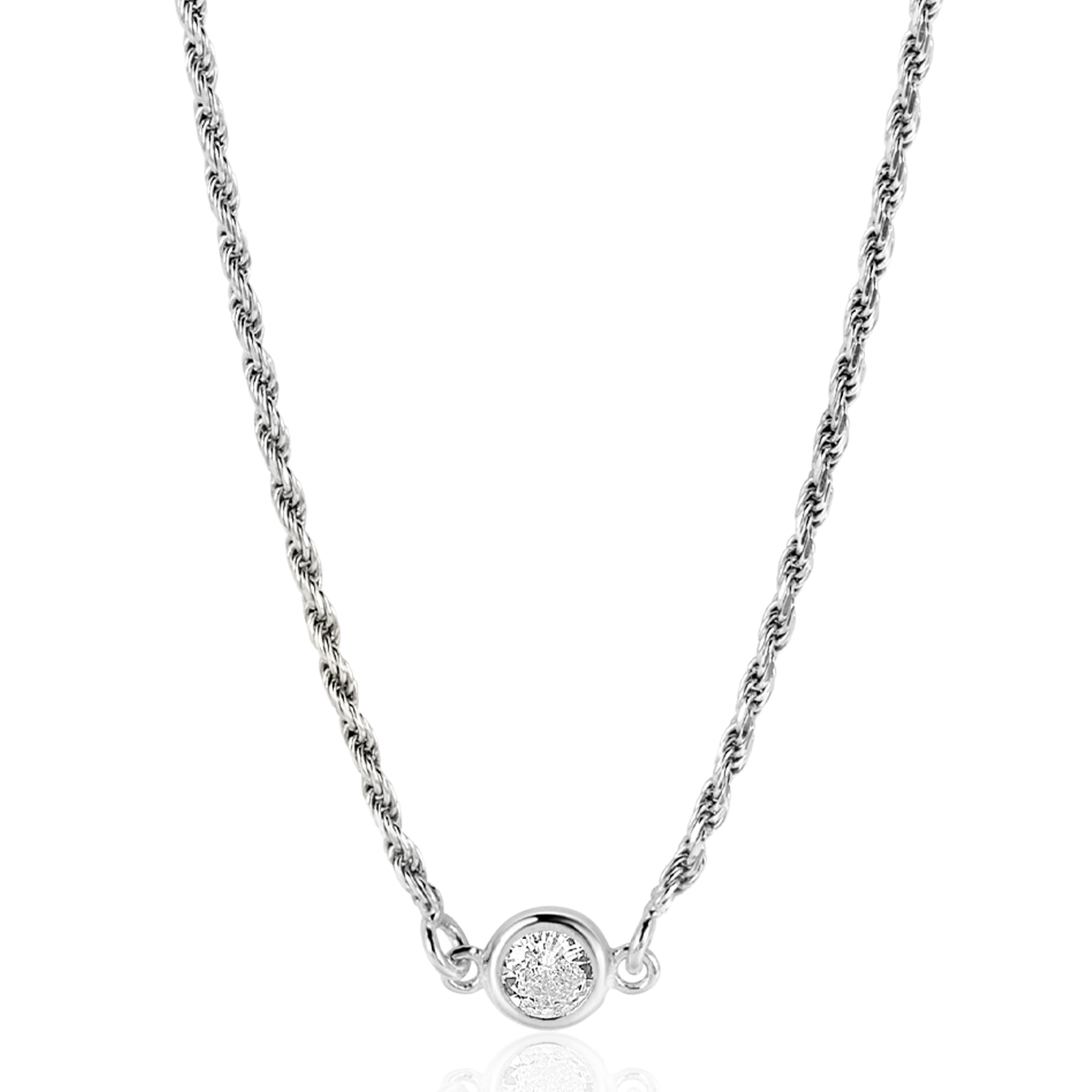 ZINZI Sterling Silver Rope Chain Necklace Set with a Round White Zirconia 40-45cm ZIC2461