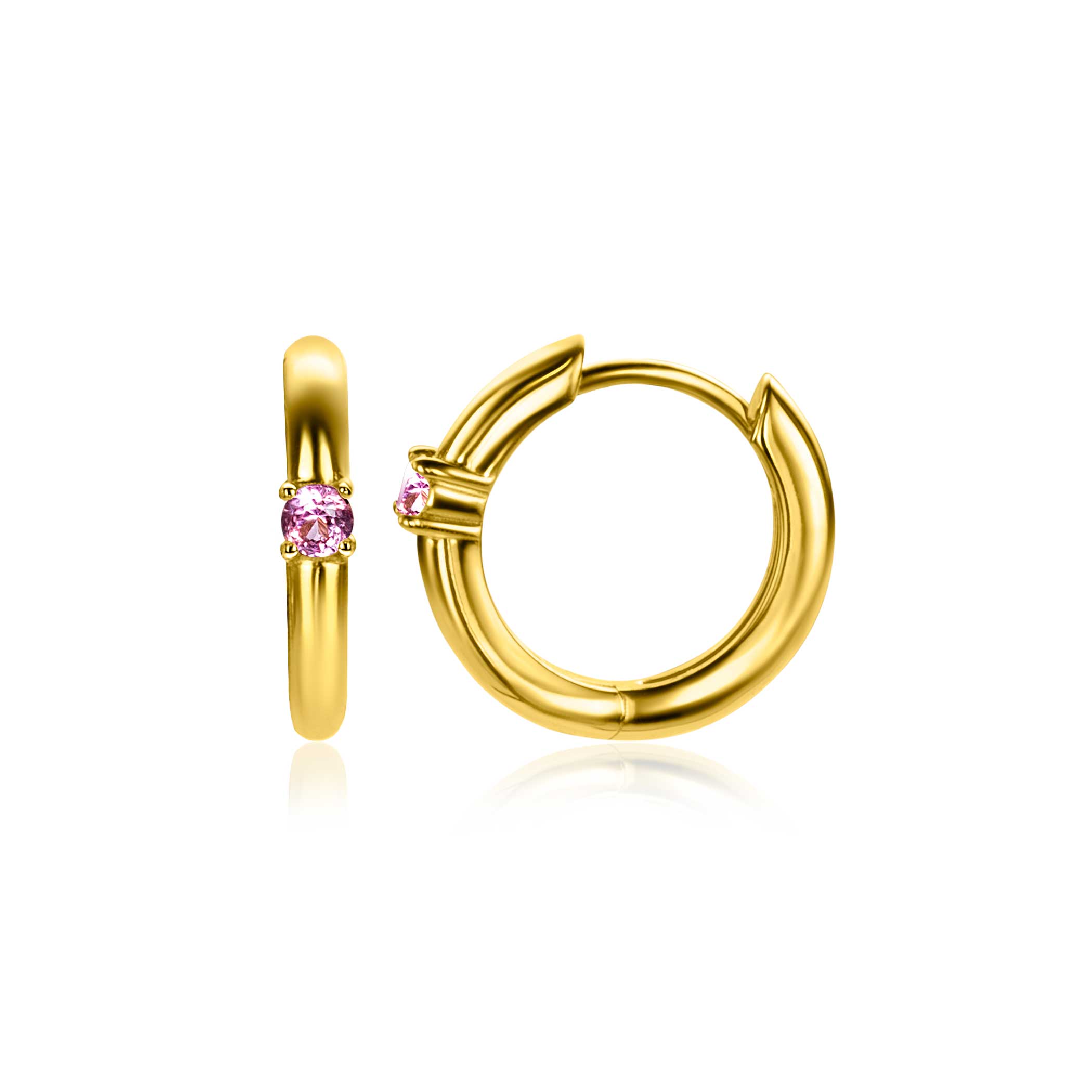 OCTOBER Hoop Earrings 13mm Gold Plated with Birthstone Pink Rose Quartz Zirconia