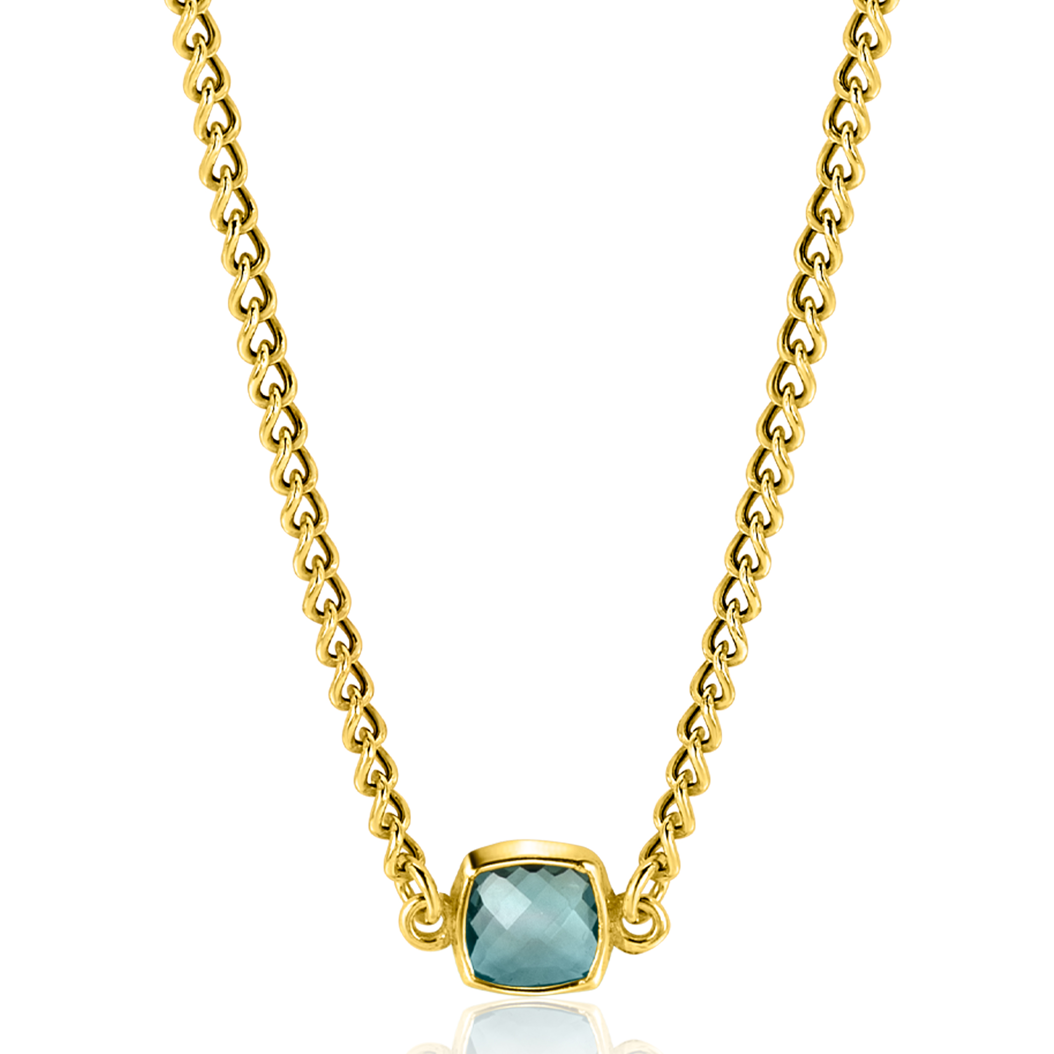 ZINZI Gold Plated Sterling Silver Curb Chain Necklace with Square Setting with Indigo Blue Color Stone 40-45cm ZIC2417G