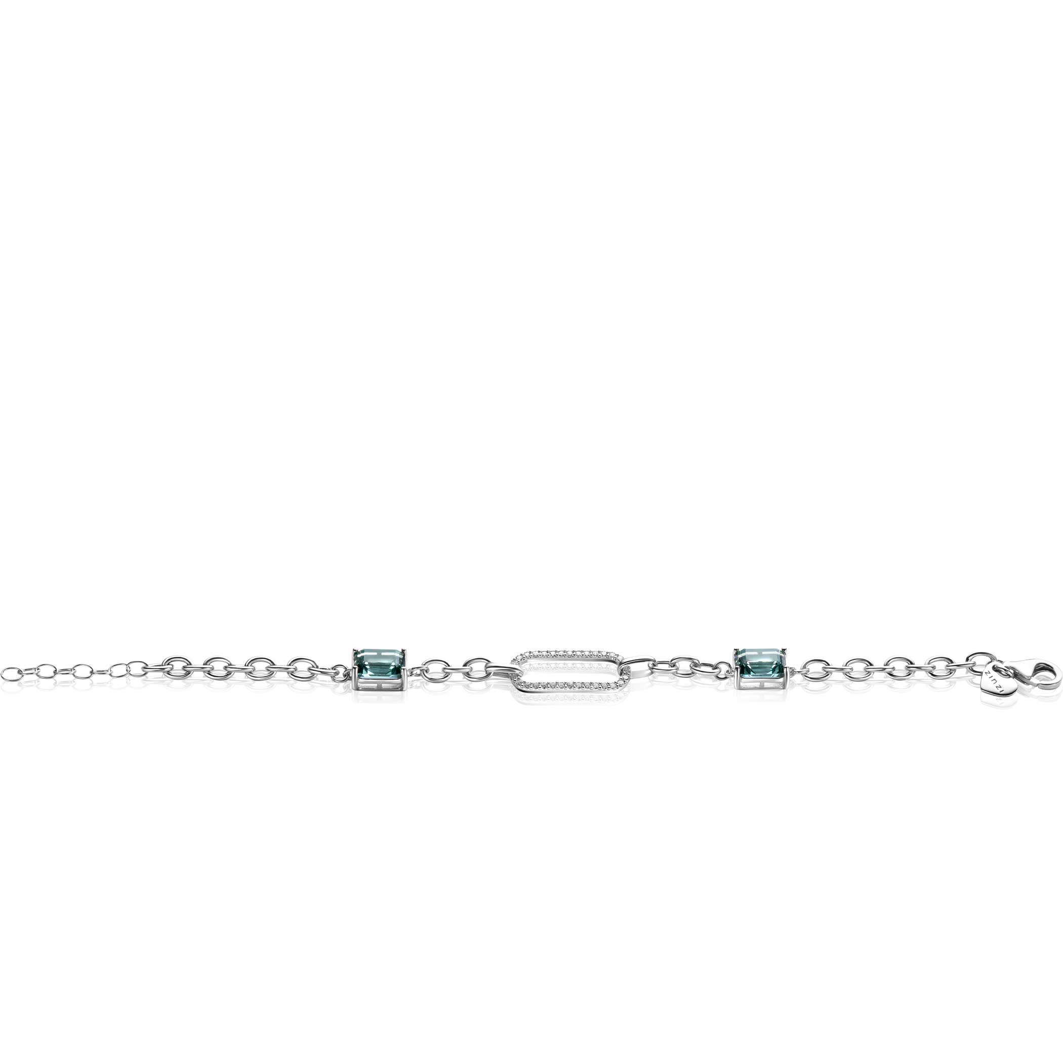 ZINZI Sterling Silver Fantasy Chain Bracelet with a Single Oval Chain Set with White Zirconias and 2 Green/Blue (Petrol) Color Stones in Prong Setting 18-21cm ZIA2487