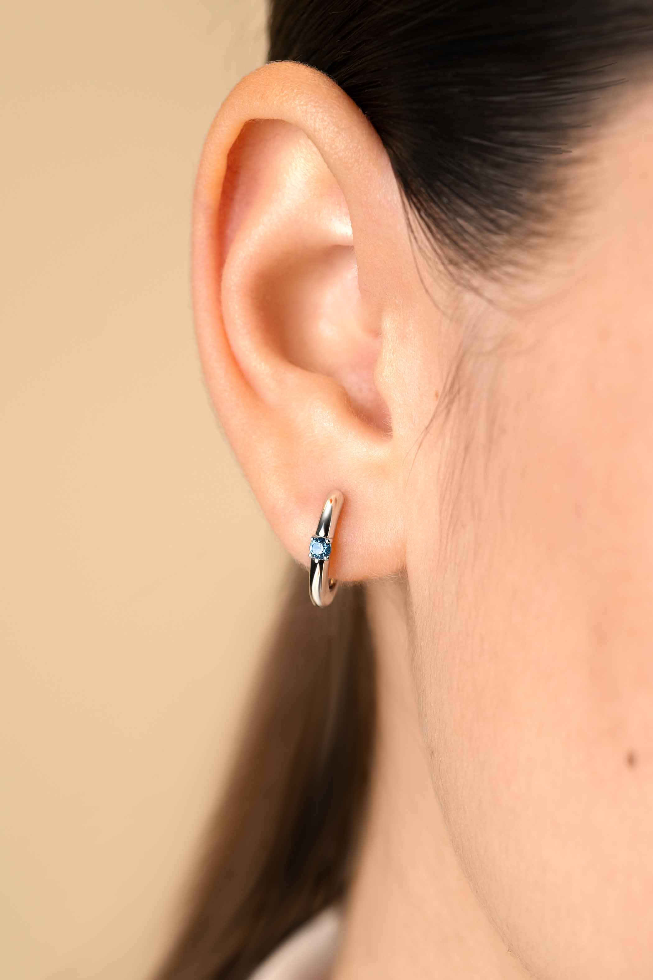 MARCH Hoop Earrings 13mm Sterling Silver with Birthstone Blue Aquamarine Zirconia