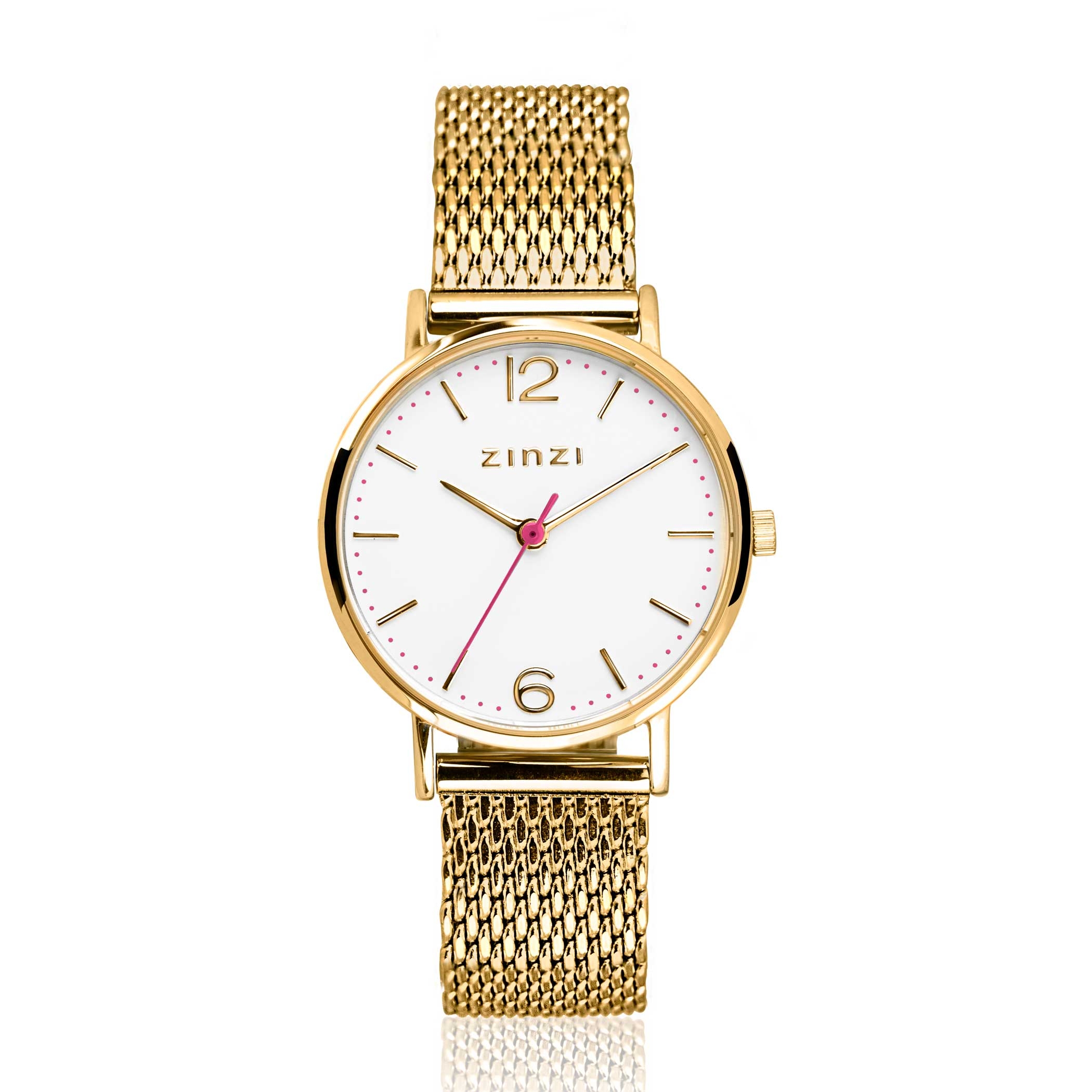 ZINZI Lady Watch White Dial Gold Colored Stainless Steel Case and Mesh Strap 28mm ZIW607M