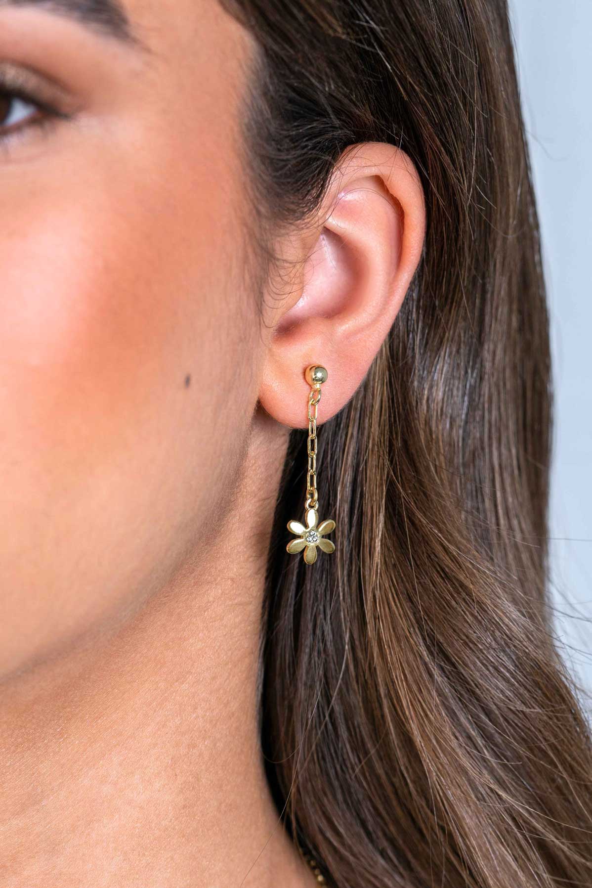 34mm ZINZI Gold Plated Sterling Silver Stud Earrings Long with Paperclip Chain and Elegant Flower Charm ZIO2379