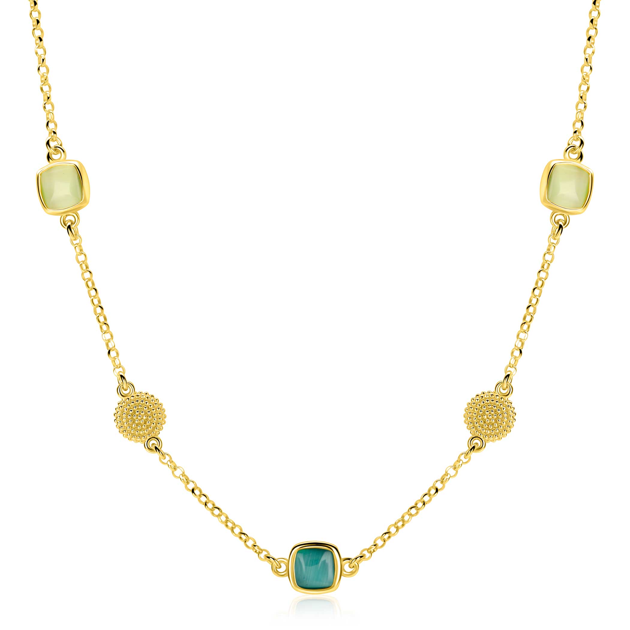 ZINZI zlv. collier gg.verg. met groen en bew.plaatjes