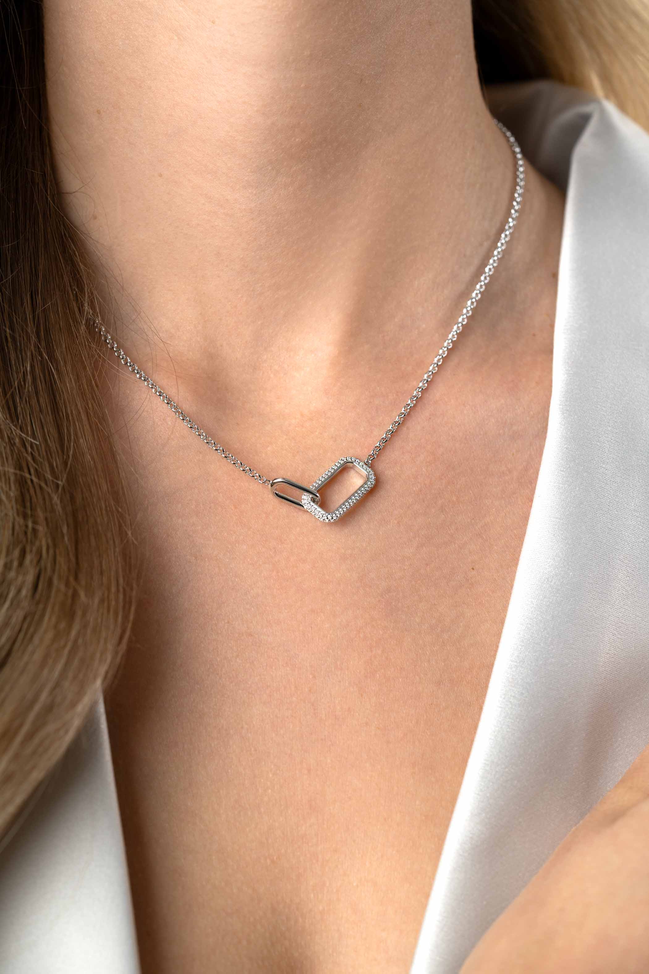 ZINZI Sterling Silver Necklace with 2 Connected Chains: a Rectangular Chain Set with White Zirconias and a Shiny Oval Chain 40-45cm ZIC2551