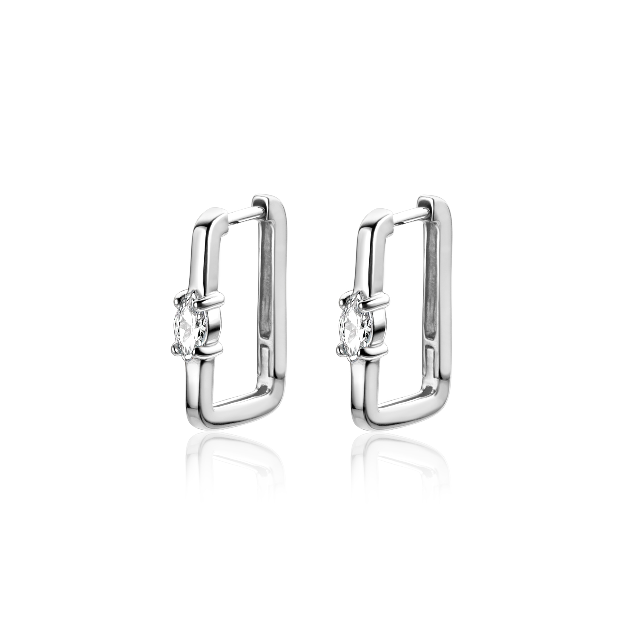 15mm ZINZI Sterling Silver Hoop Earrings Rectangular Shape with Oval White Zirconia Square Tube width 2mm ZIO2448