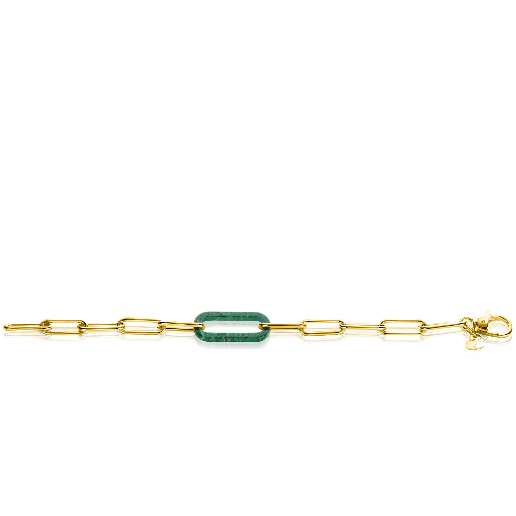 ZINZI Gold Plated Sterling Silver Luxury Bracelet with Paperclip Chains and a Single Large Trendy Oval Chain in Malachite Green 20cm ZIA2488