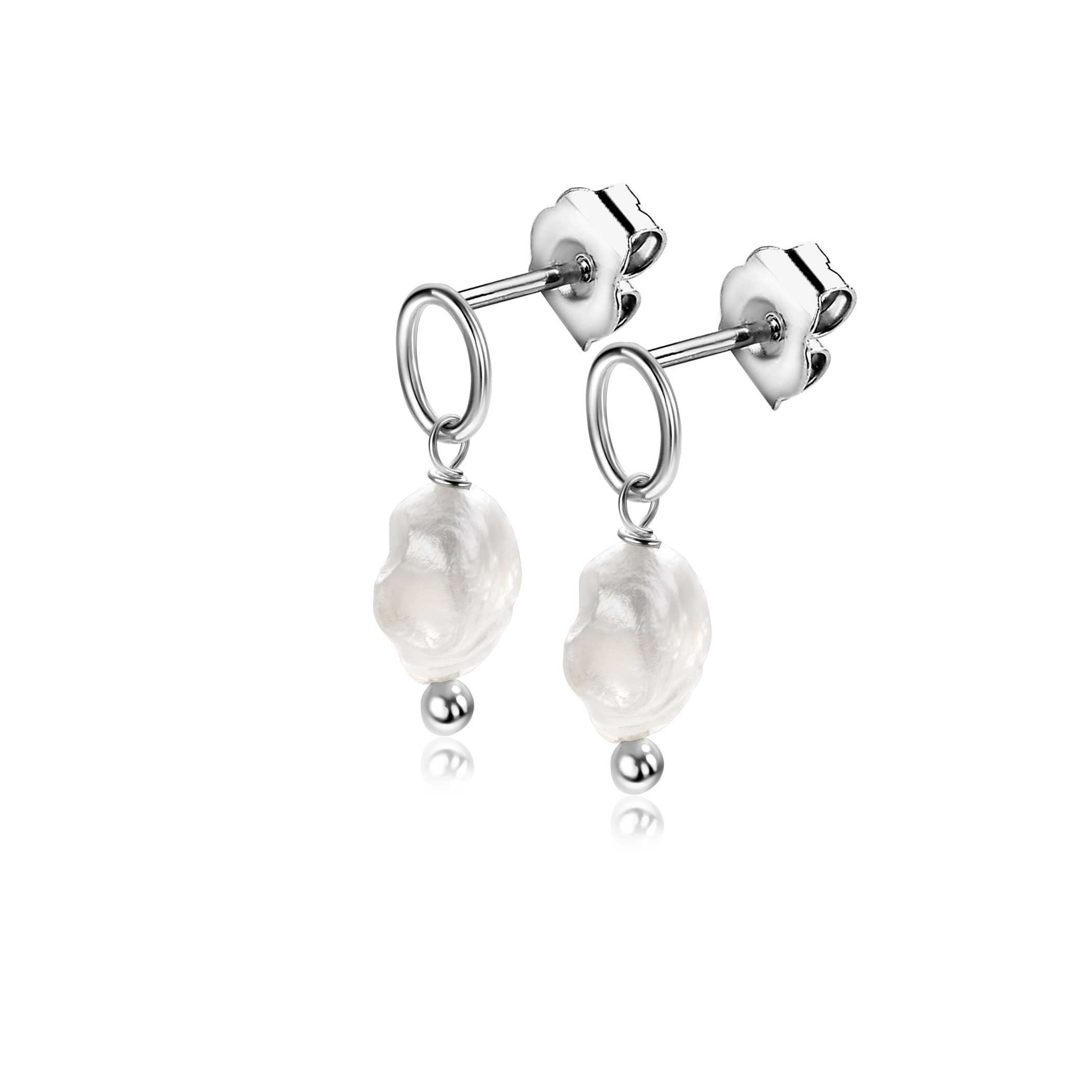 21mm ZINZI silver stud earrings with an openwork circle, featuring a dangling white freshwater pearl, ZIO-BF112