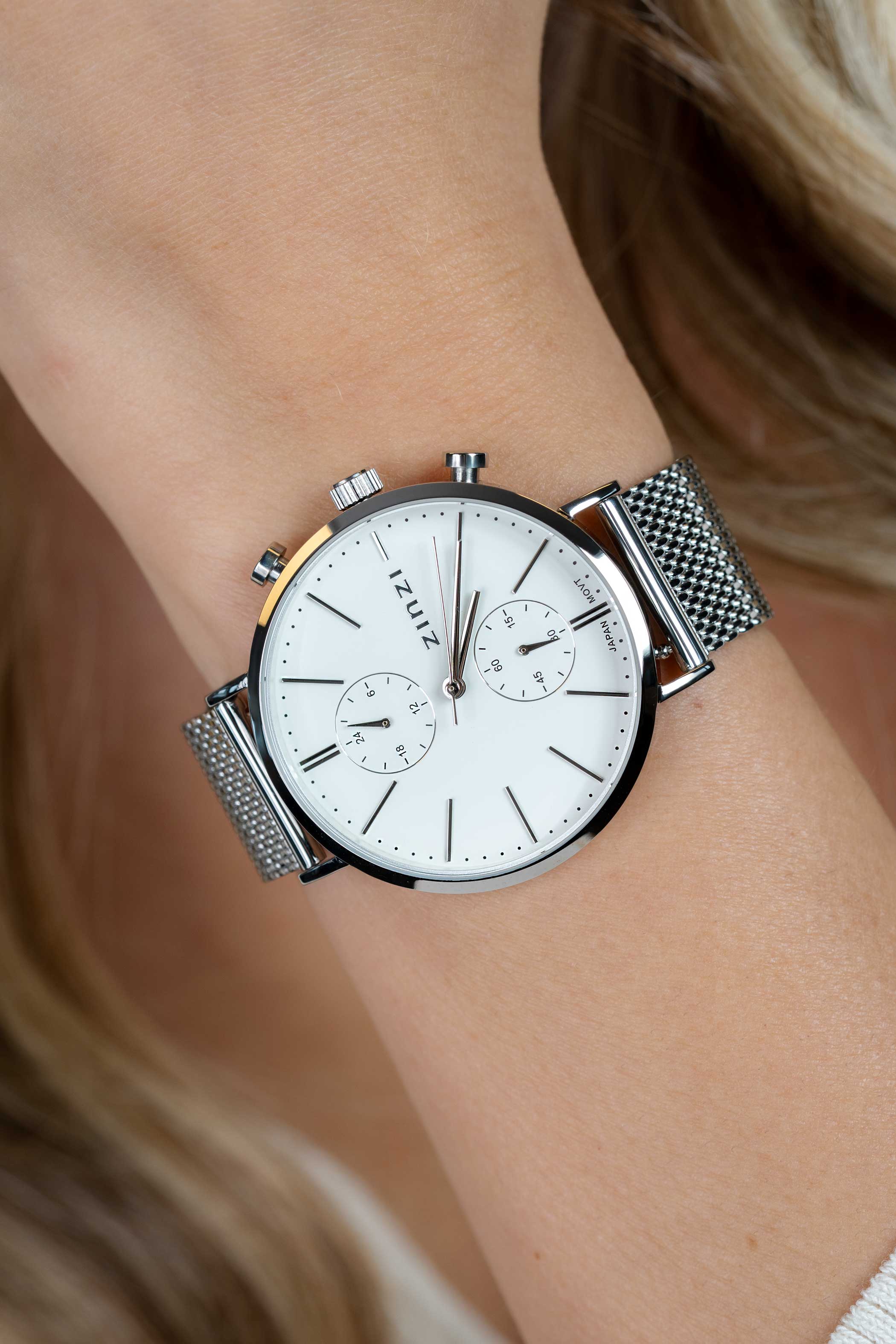 ZINZI Traveller Watch 39mm White Dial Stainless Steel Case and Mesh Strap with dual time ZIW740M