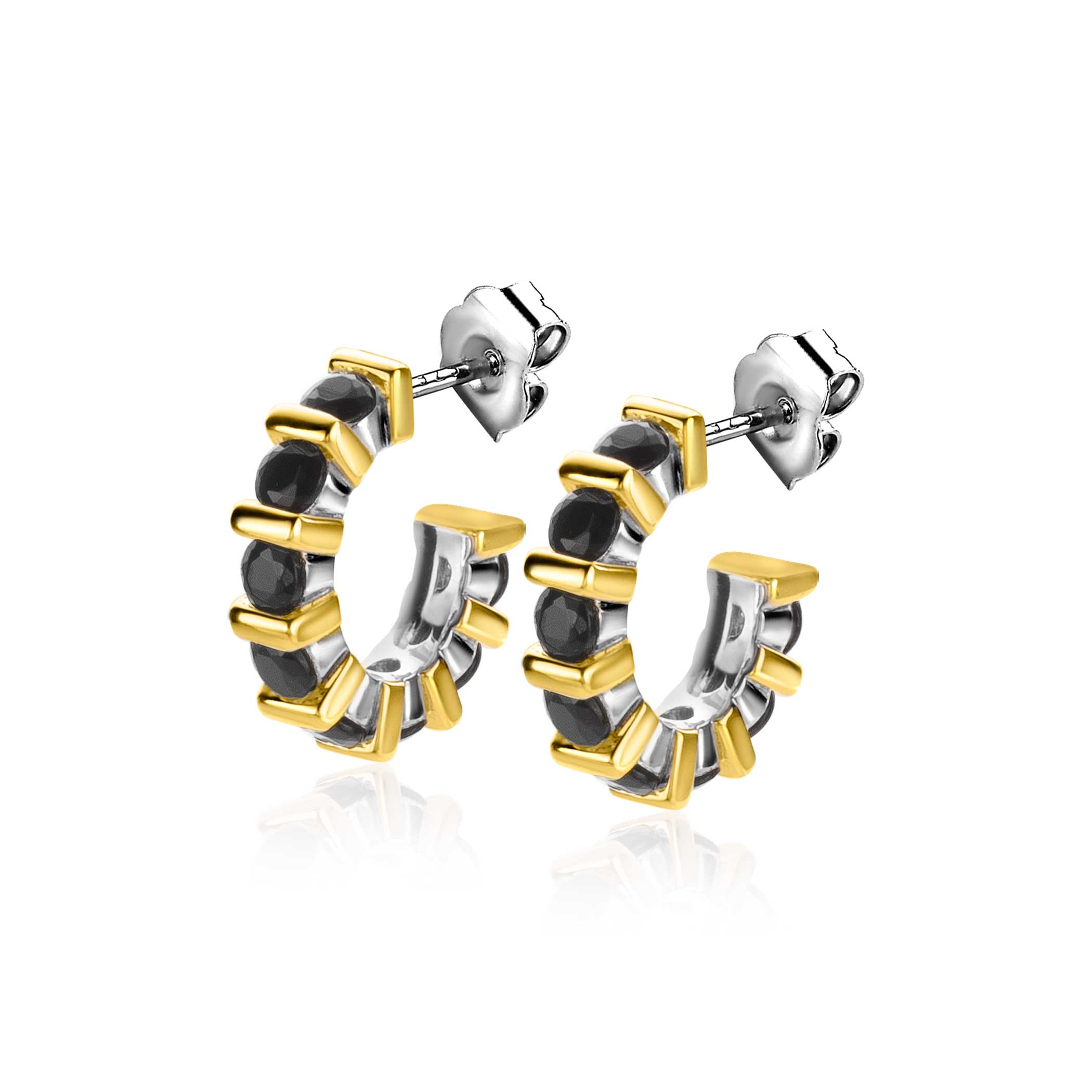 16mm ZINZI Sterling Silver Earrings Bicolor Square and Round Black Zirconias ZIO2252