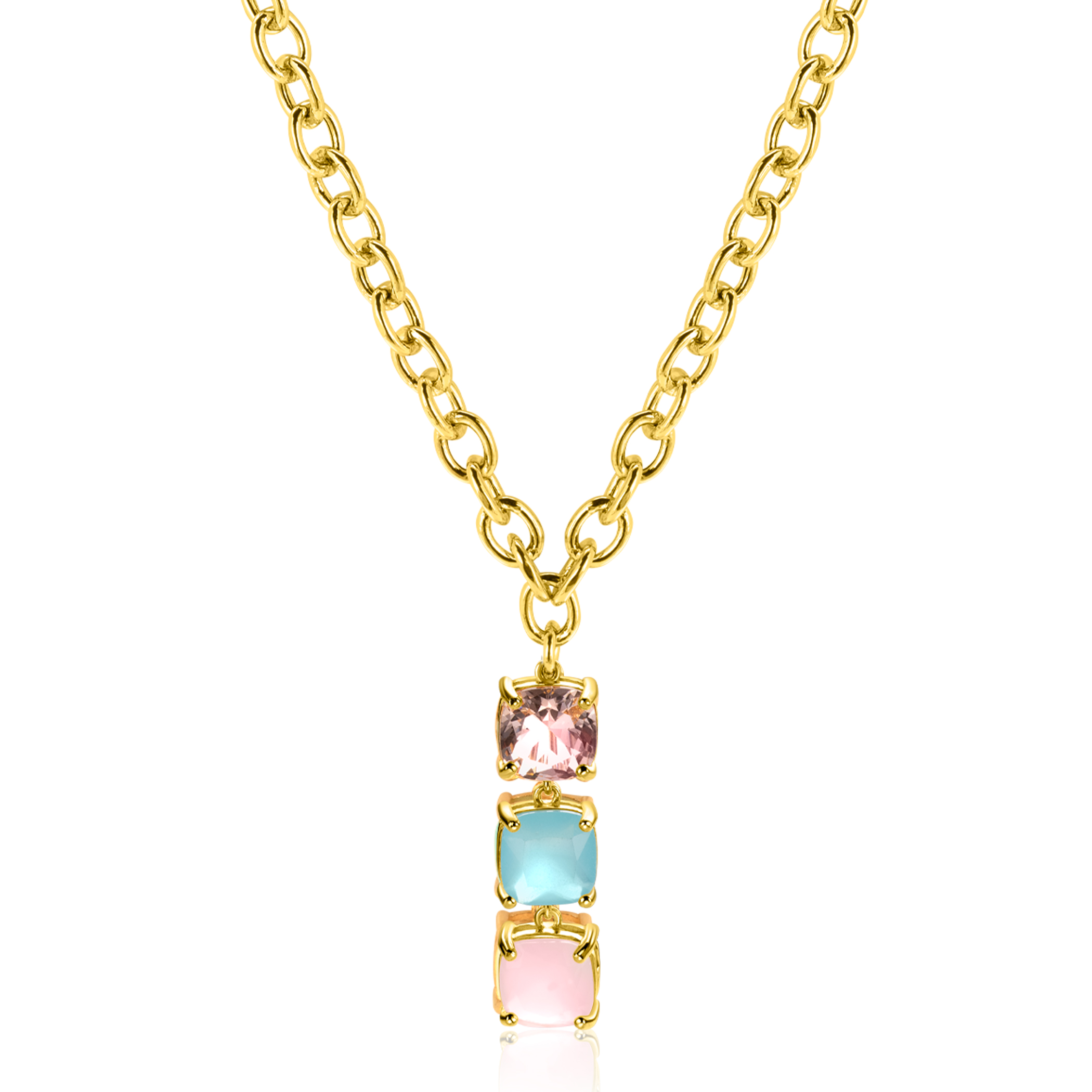 ZINZI Gold Plated Sterling Silver Chain Necklace with Luxurious Pendant (30mm) of 3 Square Settings Set with Pink and Turquoise Color Stones 43-45cm ZIC2454