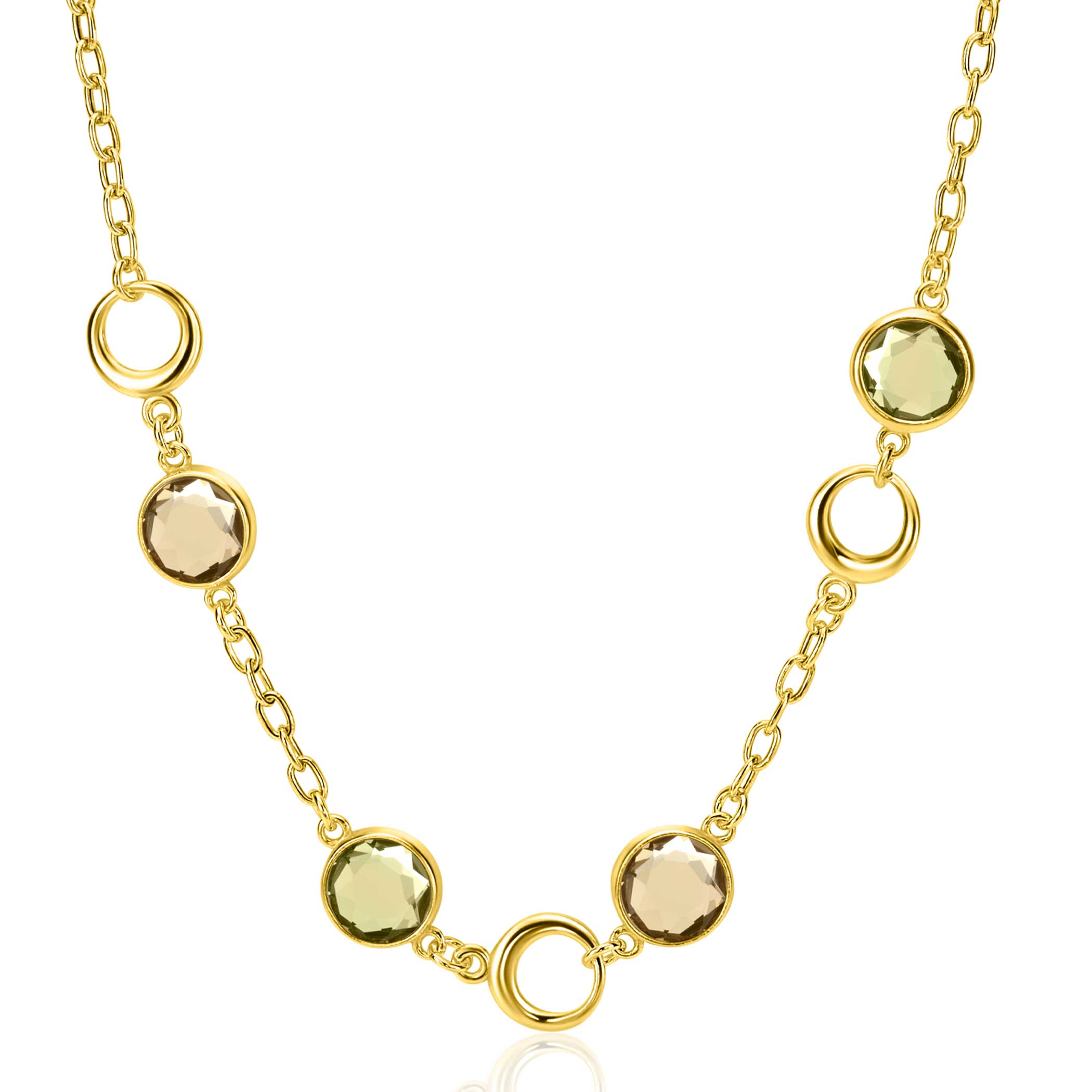 ZINZI Gold Plated Sterling Silver Fantasy Necklace with Round Settings with Champagne, Brown en Green Color Stones 42-45cm ZIC-BF91